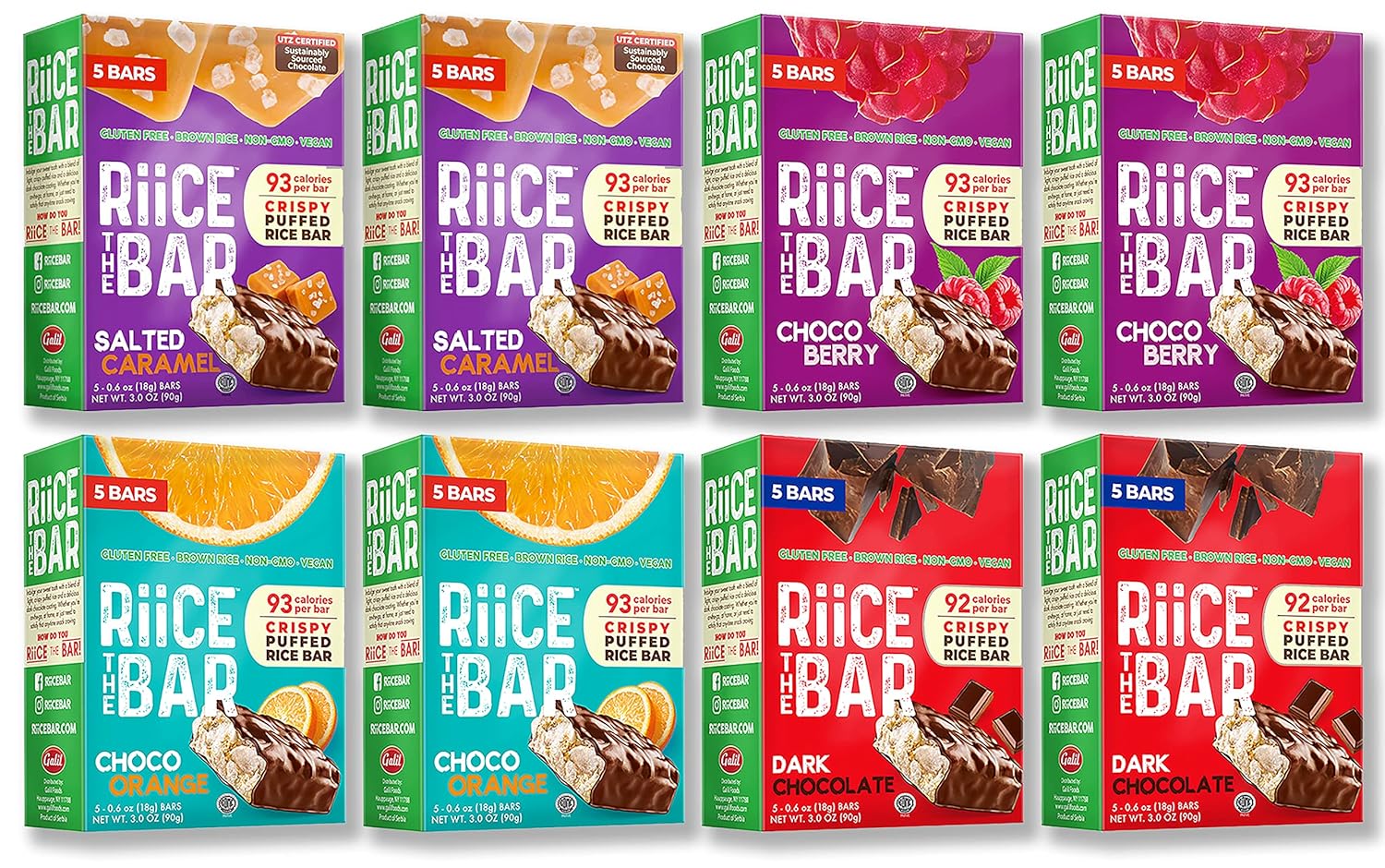 RiiCE THE BAR Puffed Brown Rice Bar Variety Pack Dark Chocolate, Chocolate Orange