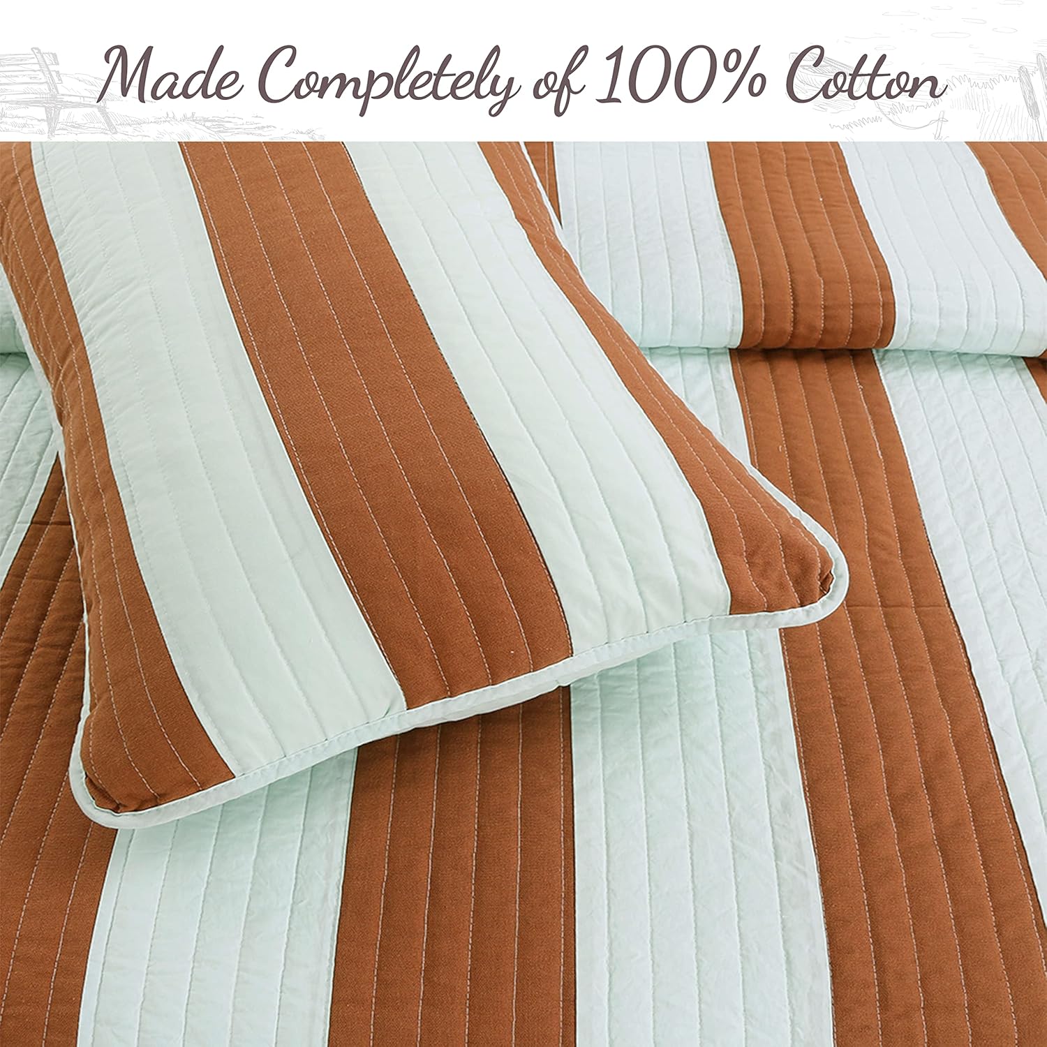 Cozy Line Home Fashions Brick Red Light Mint Green Bold Striped 100% Cotton Quilt Bedding Set, Reversible Coverlet,Bedspread (Mint/Brick, Queen -3 Piece)