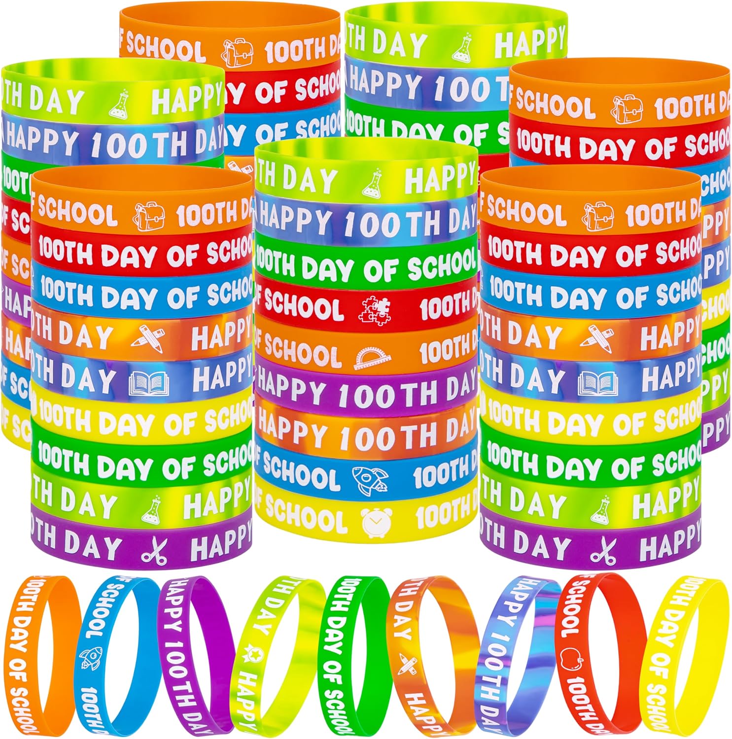 Moon Boat 100pcs 100 Days of School Decorations – Happy 100th Day Silicone Bracelets, Gifts for Teachers, Party Favors