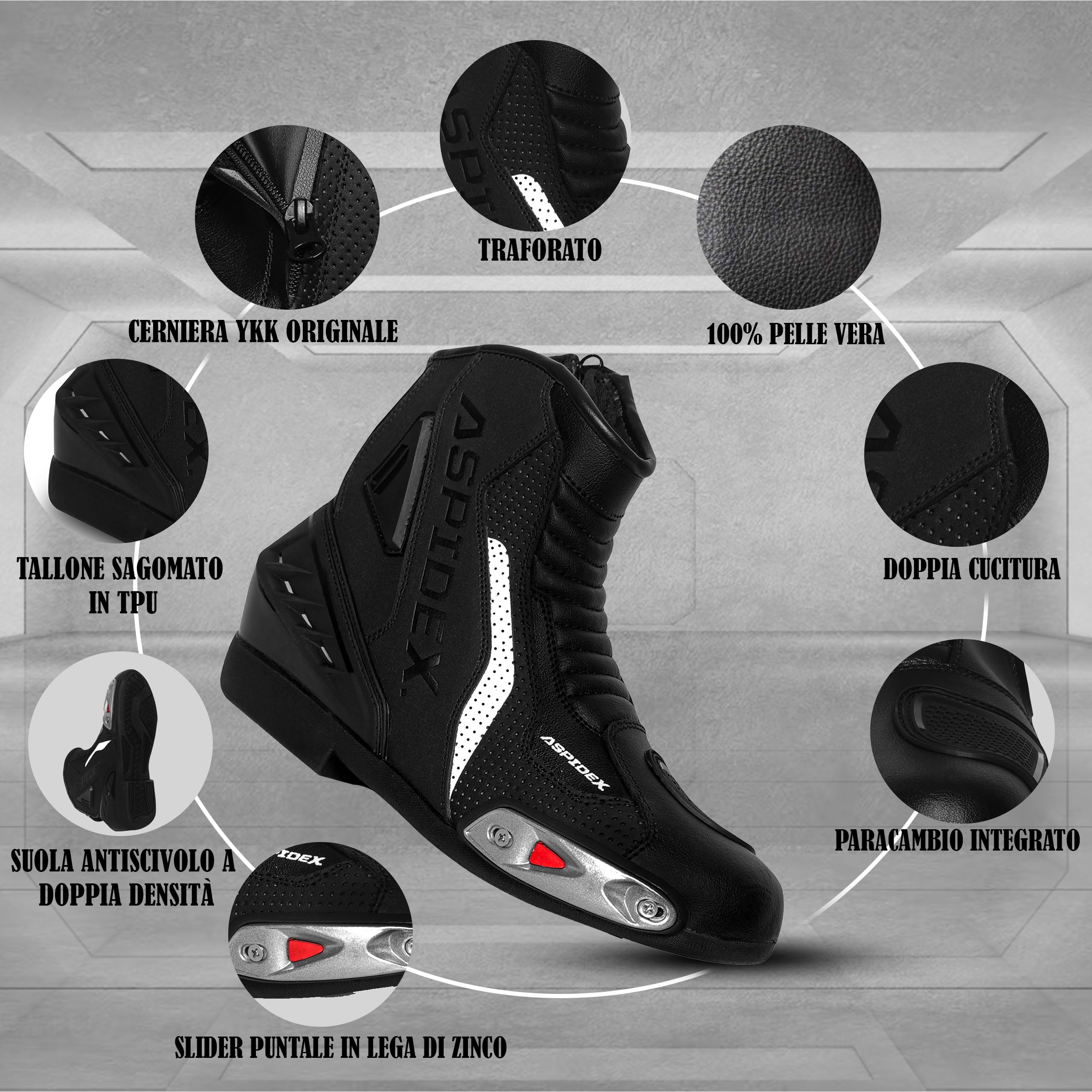 Stivali da moto da uomo Stivali da moto in pelle sportivi Scarpe da moto con suola in gomma nera Stivali