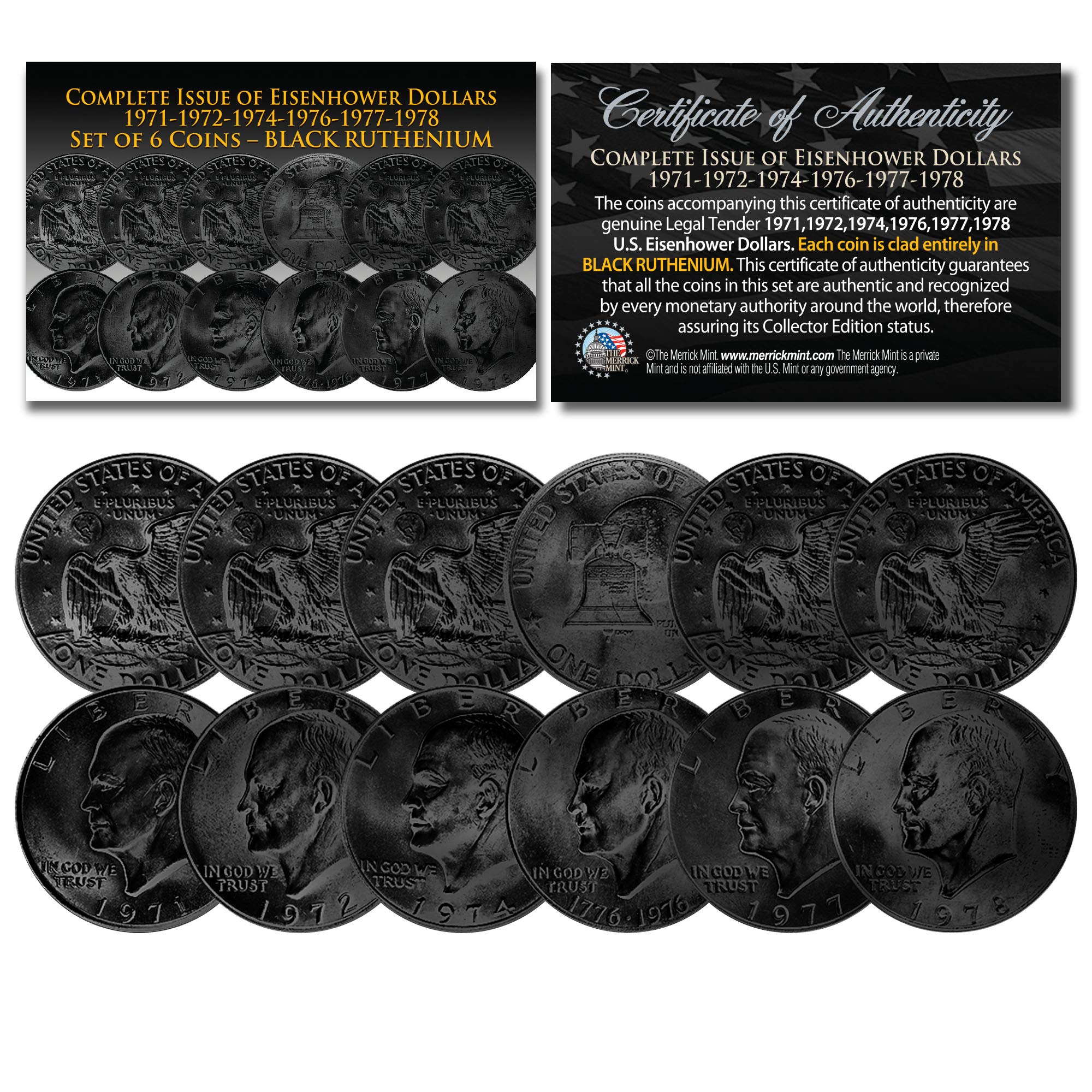 Eisenhower IKE Dollars Black Ruthenium 6-Coin Set Complete Set of All Years 1971-1978 with Capsules and Certificate