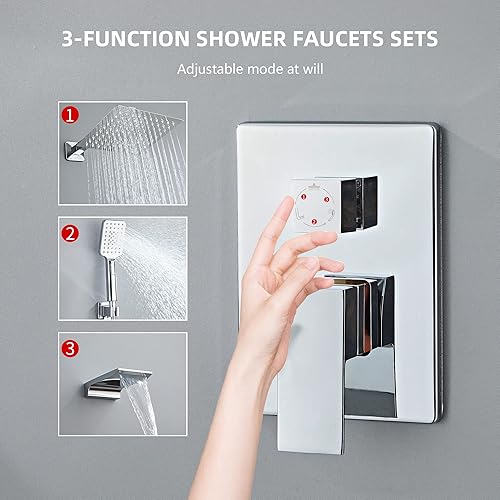 Miniatura 4 de Juego completo de grifo de ducha cromado con cabezal de ducha cuadrado de 8 pulgadas, 3 funciones, ducha de mano, cascada, boquilla de ducha,