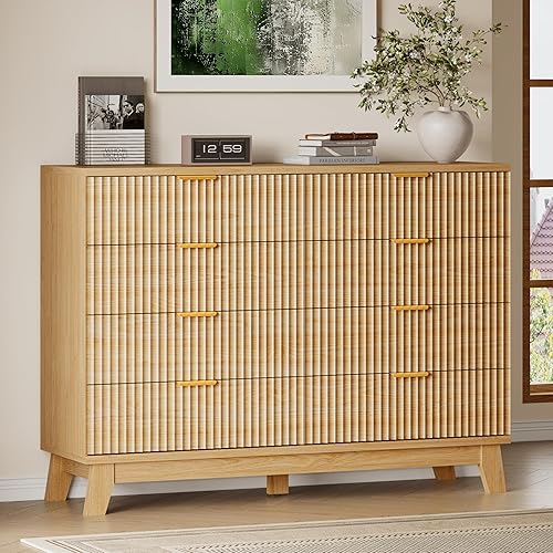 Miniatura 55 de Cómoda de 8 cajones con diseño acanalado, cómoda de 47.2" de ancho con 4 cajones modernos de estilo bohemio, cómoda de almacenamiento de madera