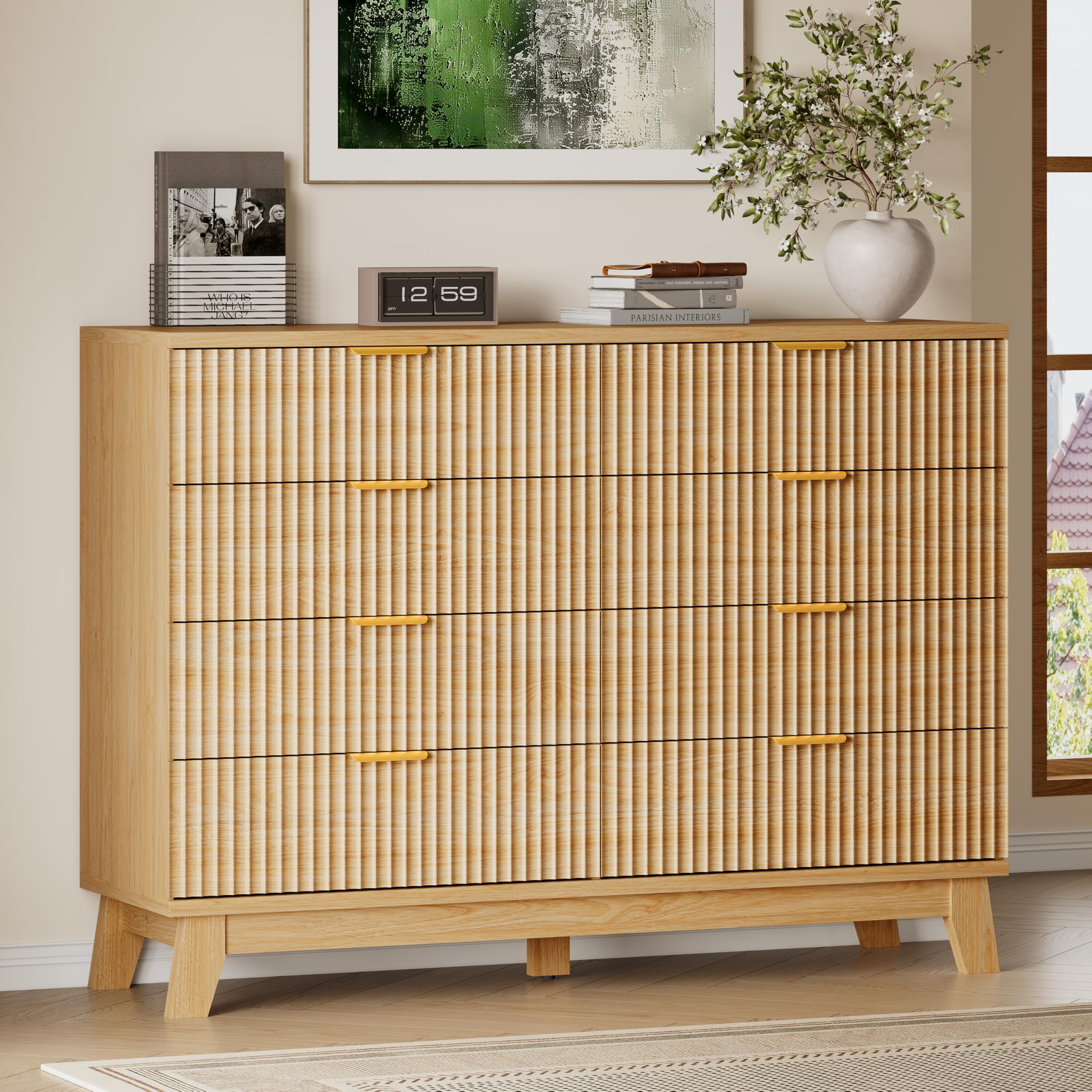 BORNOON 53" Wide Dresser for Bedroom, 8-Drawer Fluted Chest of Drawers, Modern Wood Highboy with Metal Slides and Handles, Anti-Tip Kit, Vertical Clothes Storage Organizer for Apartment, Closet