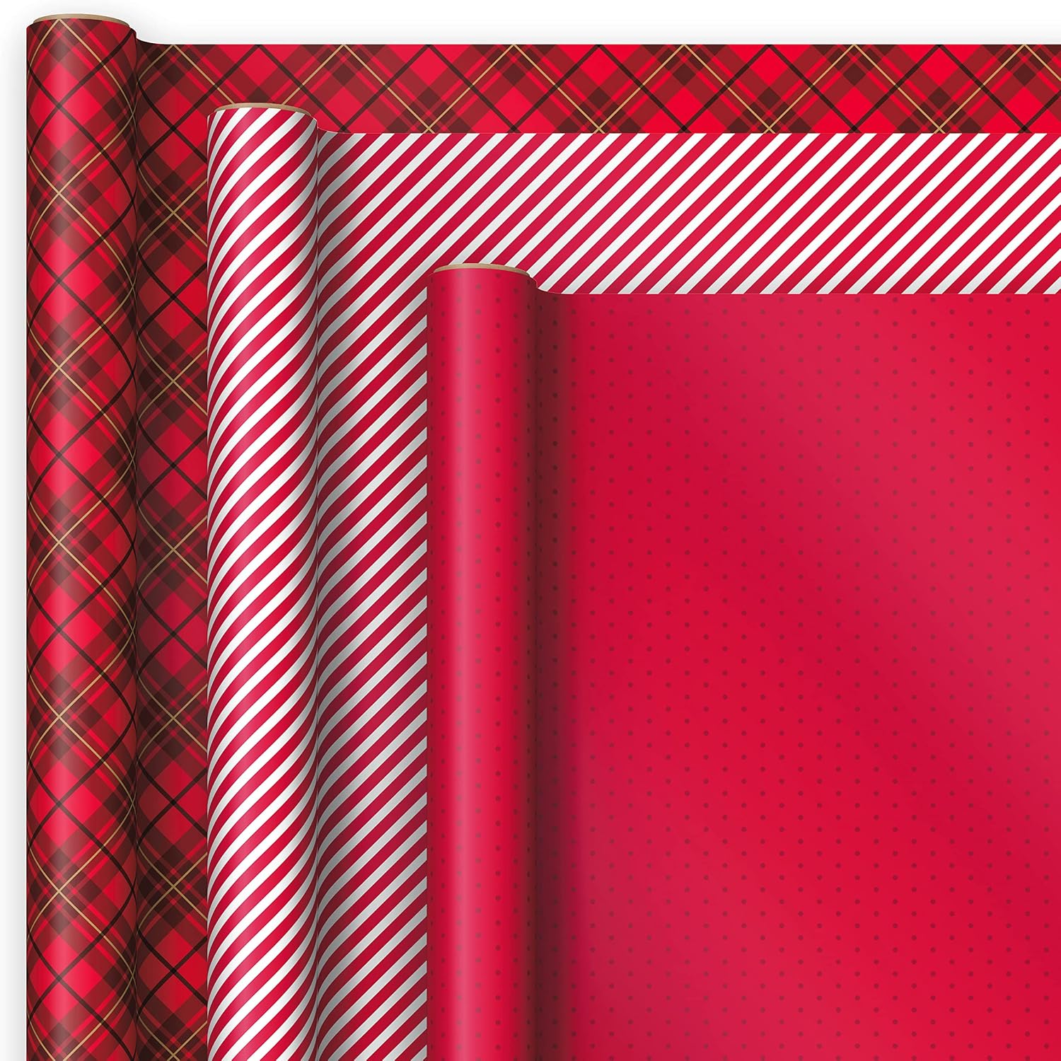 Hallmark Holiday Wrapping Paper with Optional DIY Bow Templates on Reverse (3 Rolls: 120 sq. ft. ttl) Red Plaid, Stripes, Polka Dots for Christmas, Valentines Day, Birthdays, Graduations