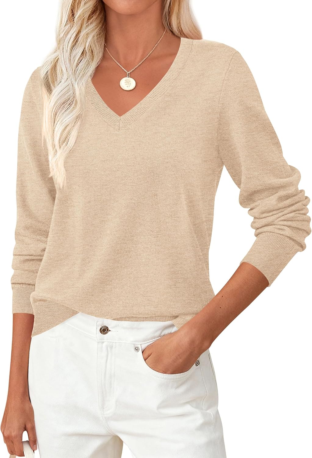 PRETTYGARDEN Women's V Neck Sweaters 2026 Fall Casual Long Sleeve Classic Pullover Cozy Knit Tops Loose Basic Winter Clothing