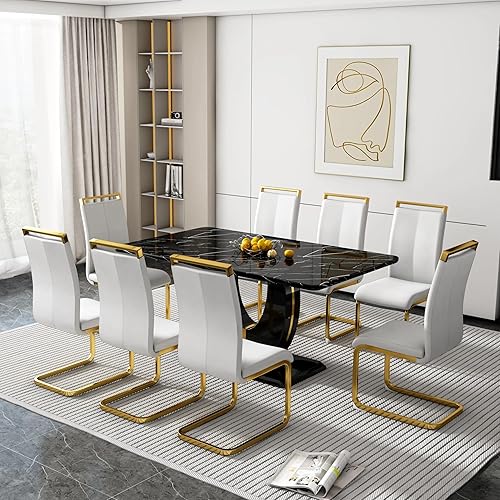 Miniatura 48 de Juego de mesa de comedor para 6, juego de sillas de cocina de 6, juego de comedor moderno con mesa de 63' de mármol y sillas tapizadas de PU para la