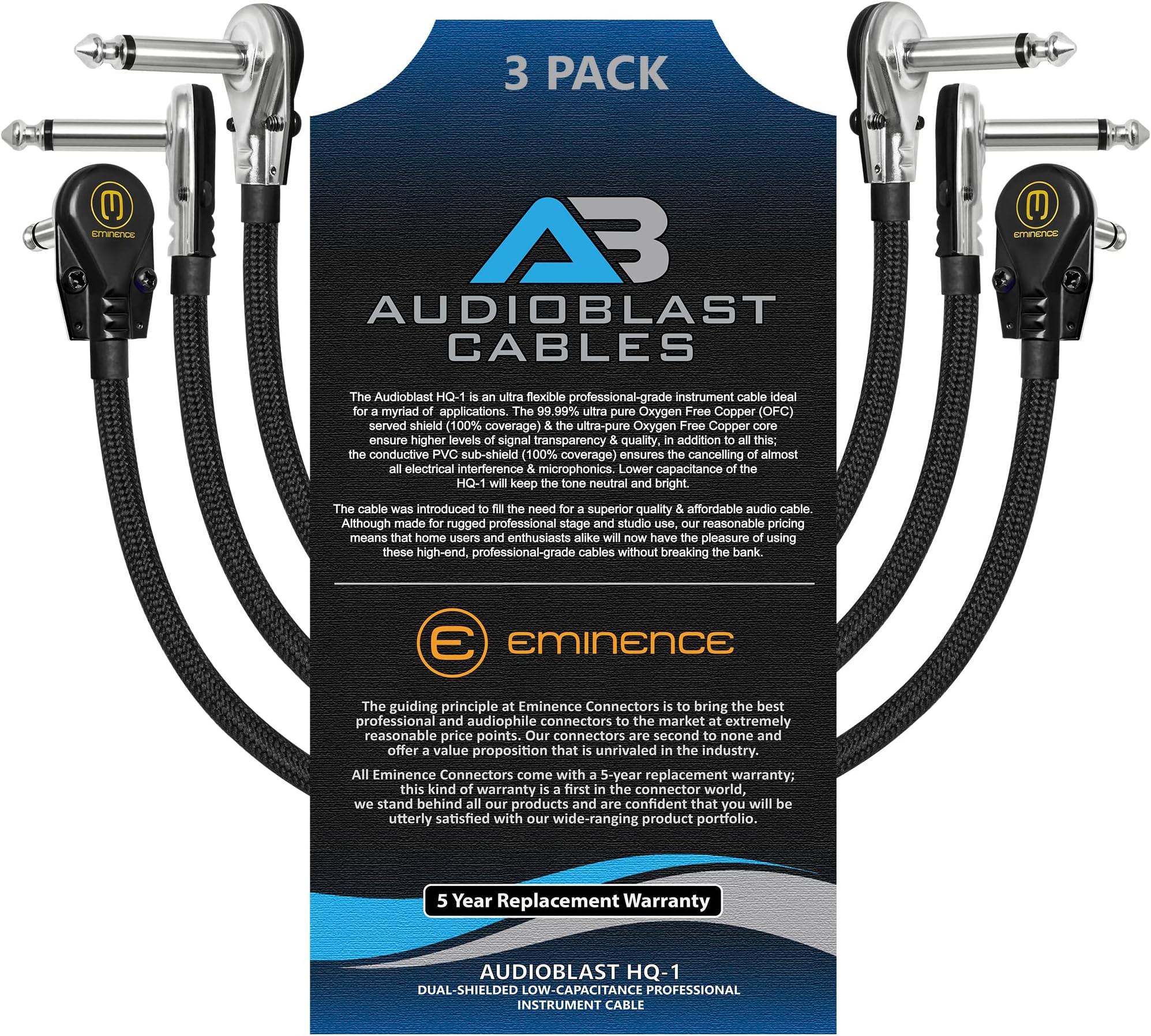 3 Units - 12 Inch - Audioblast HQ-1 - Ultra Flexible - Dual Shielded (100%) - Instrument Effects Pedal Patch Cable w/ ¼ inch (6.35mm) Low-Profile, R/A Pancake Type TS Connectors & Dual Staggered Boots