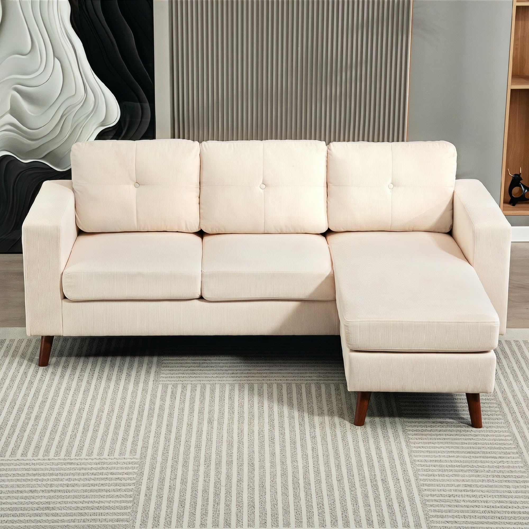 HOMCOM Sofá Chaise Longue Reversible 3 Plazas 192x137x84 cm Crema | Sofá Esquinero en Forma de L, Tapizado en Pana, Marco de Acero, para Espacios Reducidos, Salón