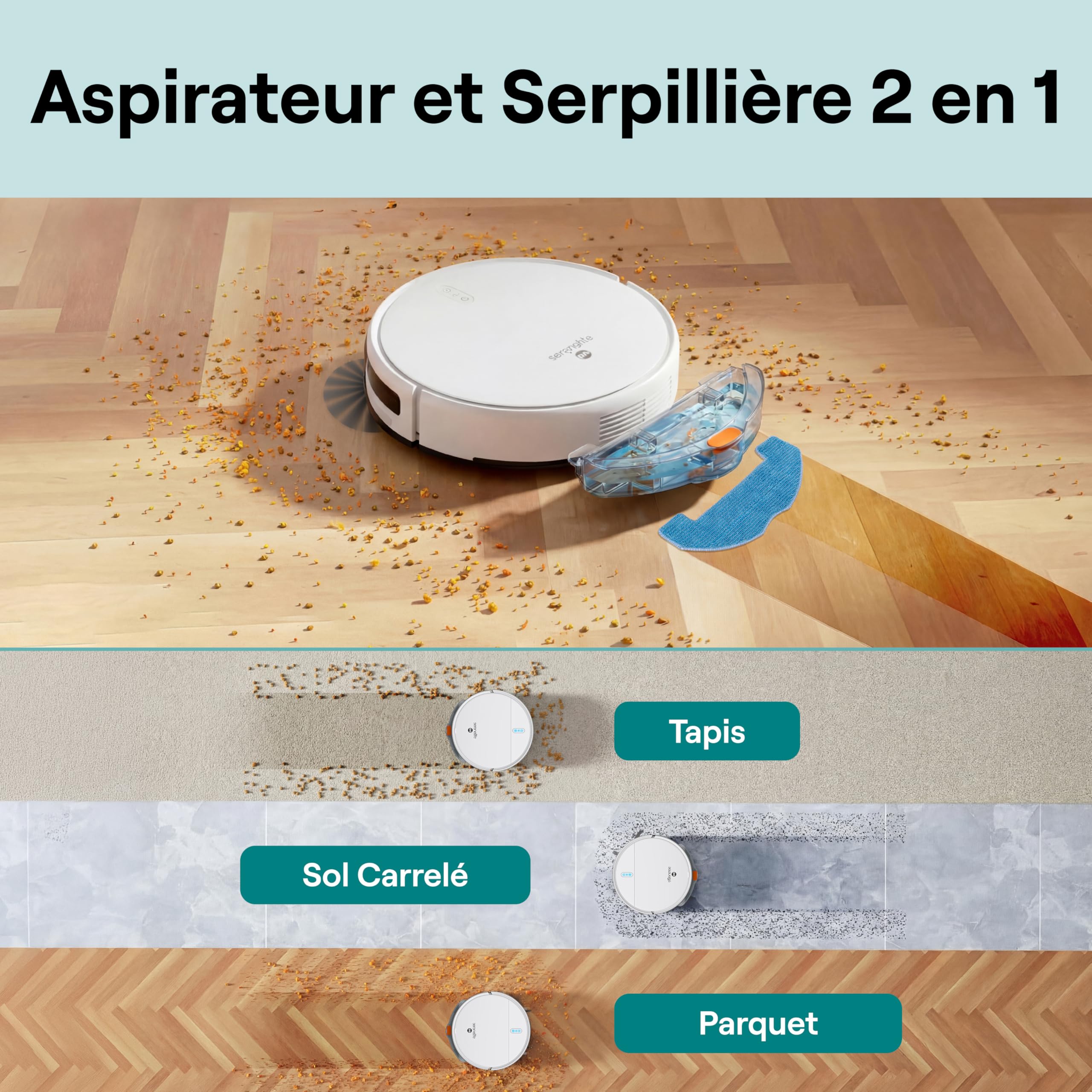SereneLife Robot Aspirateur Laveur 3-in-1 – Auto-Recharge, Anti-Chute, Nettoyage Automatique, Robot Laveur pour Sols Durs, Tapis et Poils Animaux, 3 Modes, Blanc