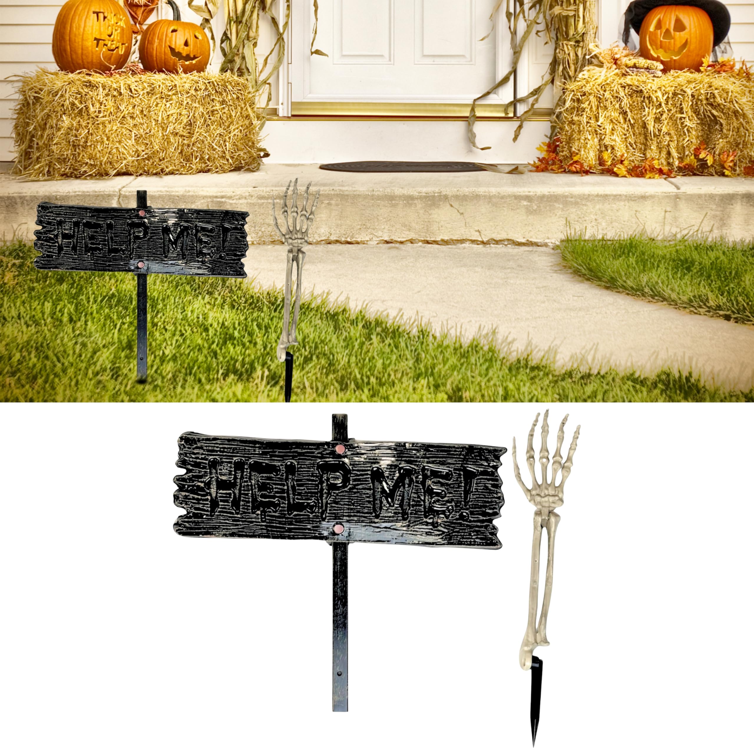 ADEPTNA Halloween Yard Sign Decoration with Skeleton Hand Stake – Spooky Help Me! Graveyard Outdoor Prop for Halloween Parties, Haunted Houses, Lawn, Garden, and Front Porch Decor–Weather-Resistant