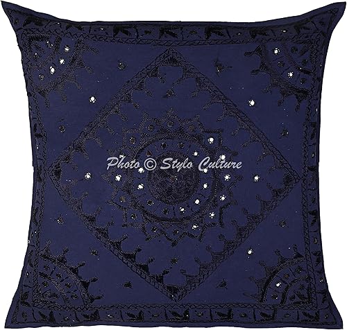 Stylo Culture Funda de almohada para sofá étnico de 24 x 24 pulgadas, grande, bordada a mano, color azul oscuro, bohemio, 23.6 x 23.6 in, decoración