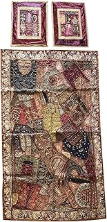 Mogul Interior Indian Zardozi Beaded Tapestry with Cushion Cover Patchwork Decorative Wall Hanging Throw