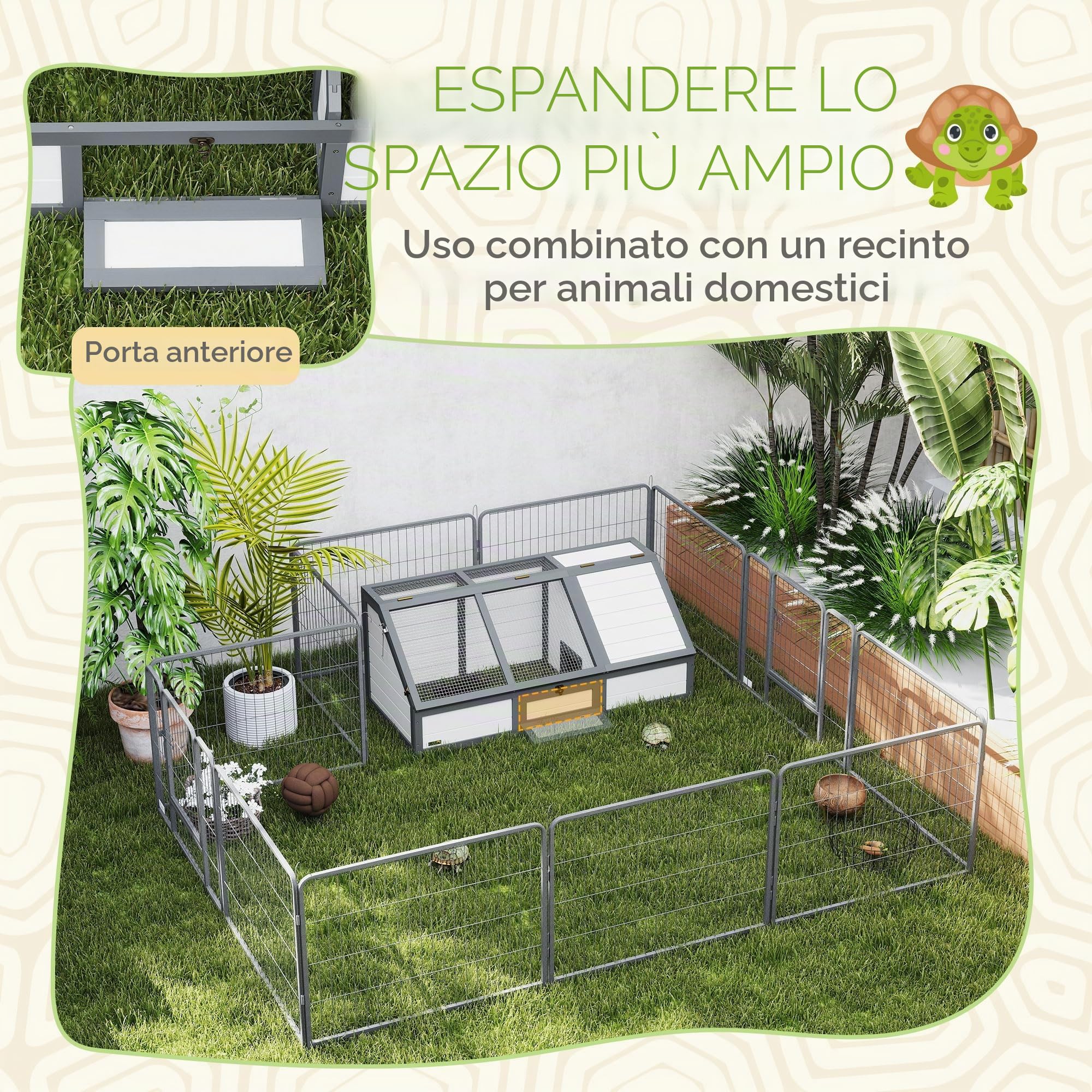 PawHut Casa tartaruga con casa principale anfibi 120x55x50cm bianco | Recinto in legno per tartaruga, area giochi, coperchio ribaltabile, serratura, gabbia per rettili, conigliera
