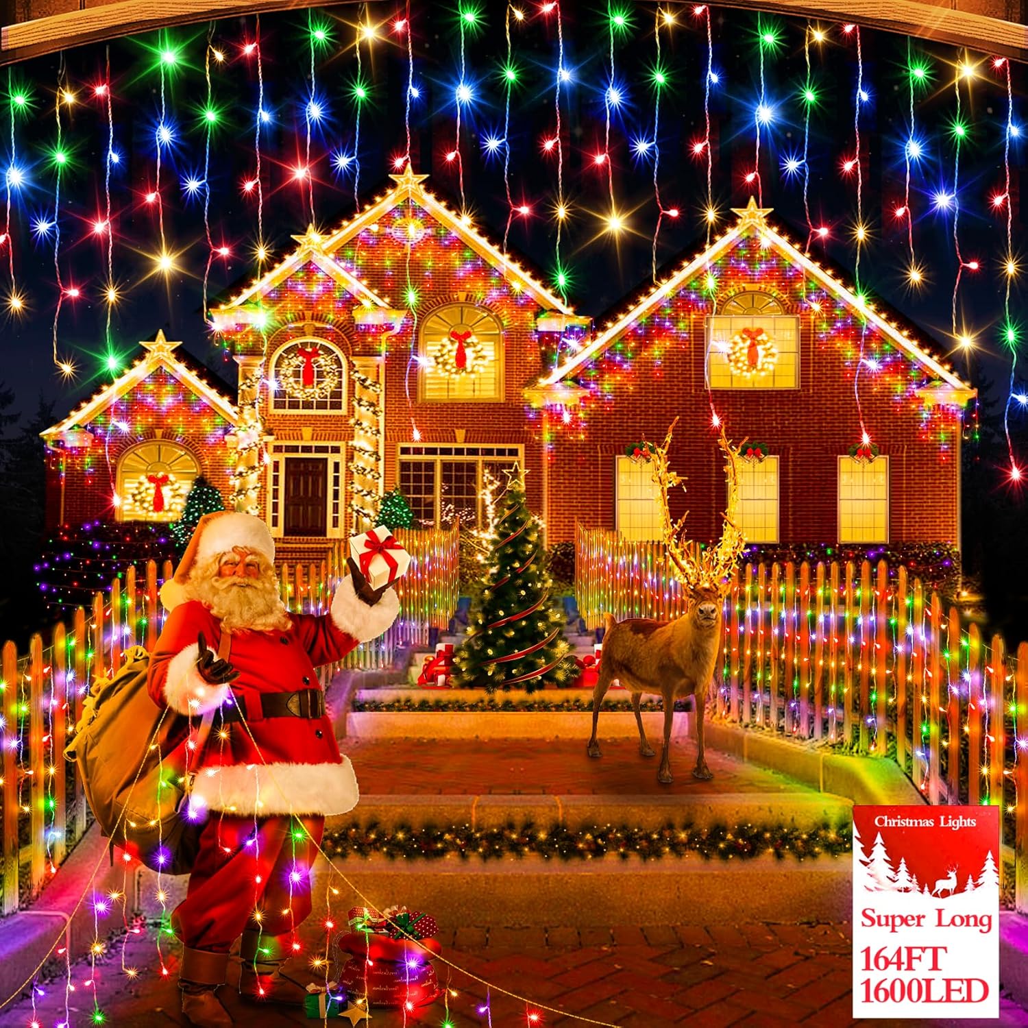 1600 LED 164FT Outdoor Christmas Lights Plug in 8 Modes with Timer Dimmable Christmas Decorations Waterproof Indoor Curtain String Lights for Roof Porch Garden Holiday Wedding Party Decor Multicolor