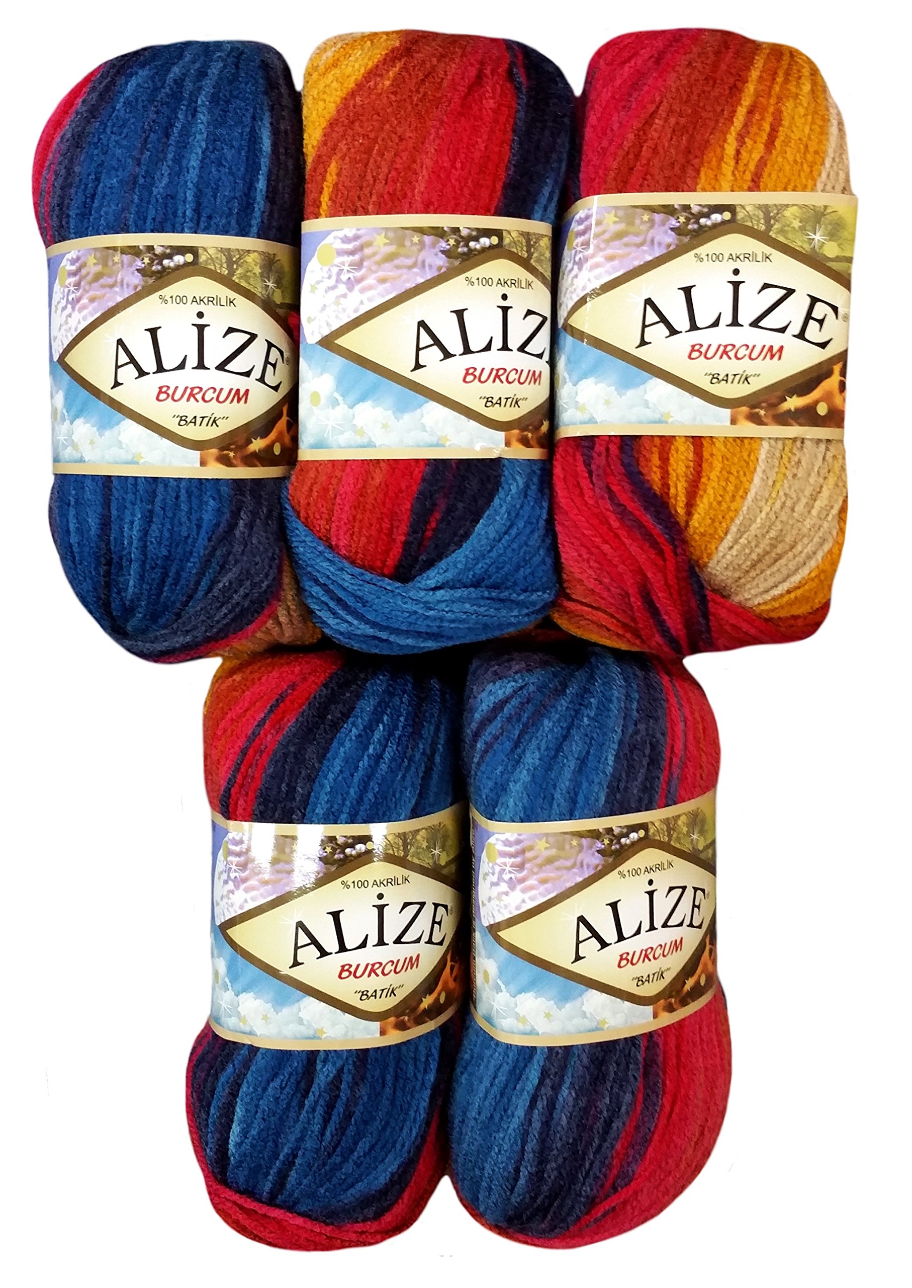 Alize Burcum Batik5 x 100 g Multicolour Wool with Colour Gradient 500 g Knitting Wool (Blue, Red, Yellow, etc 4340)