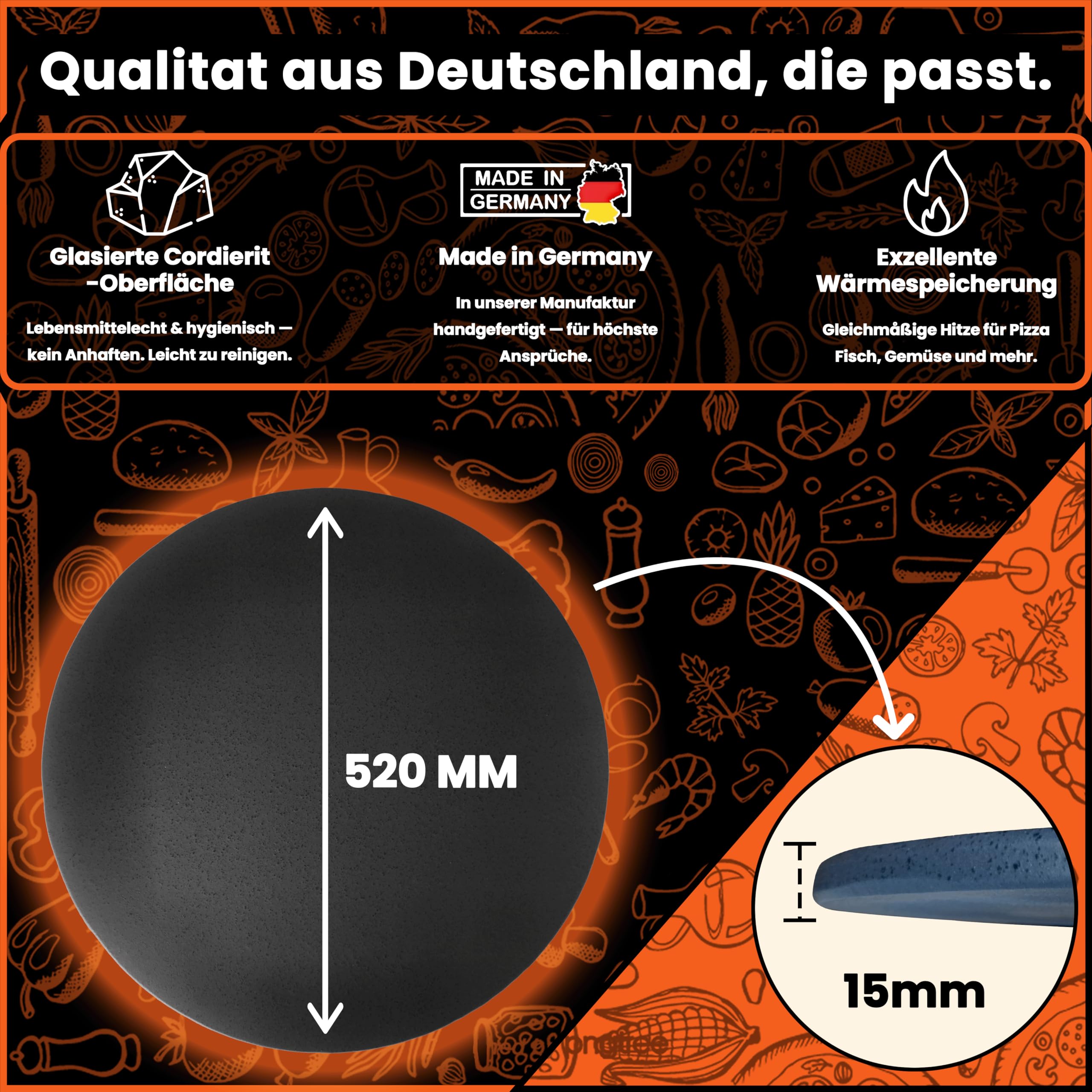 Pizzastein Rund Cordierit glasiert 520×15 mm Made in Germany | Runder Cordierit-Pizzastein 520×15 mm für Backofen, Holzkohle- und Gasgrill mit gleichmäßiger Hitzeverteilung
