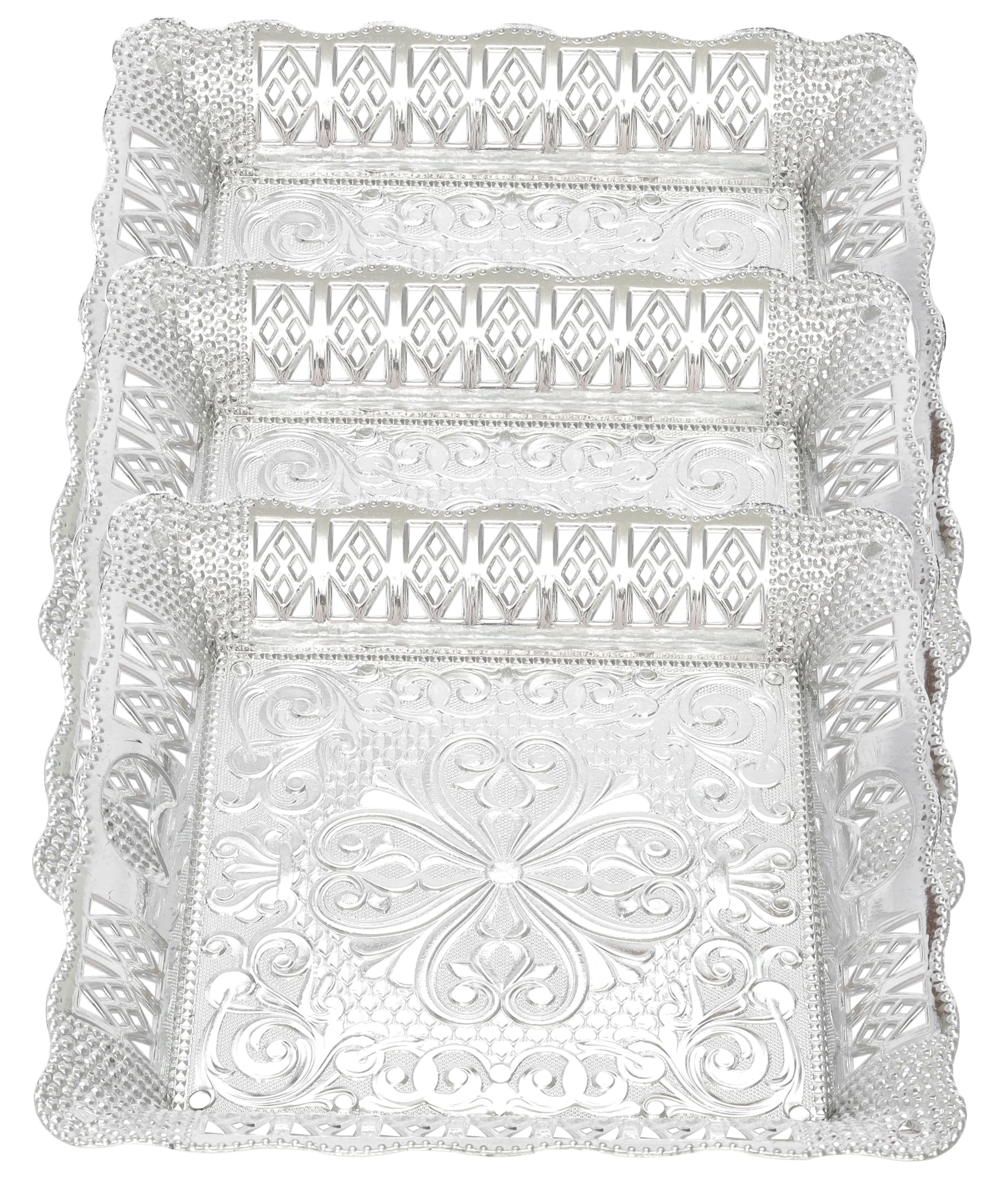 Madhuli Square Traditional Design Serving Tray - Plastic Silver Finish, Designer Platters, Multipurpose Decorative Tray for Mukhwas - Pack of 3