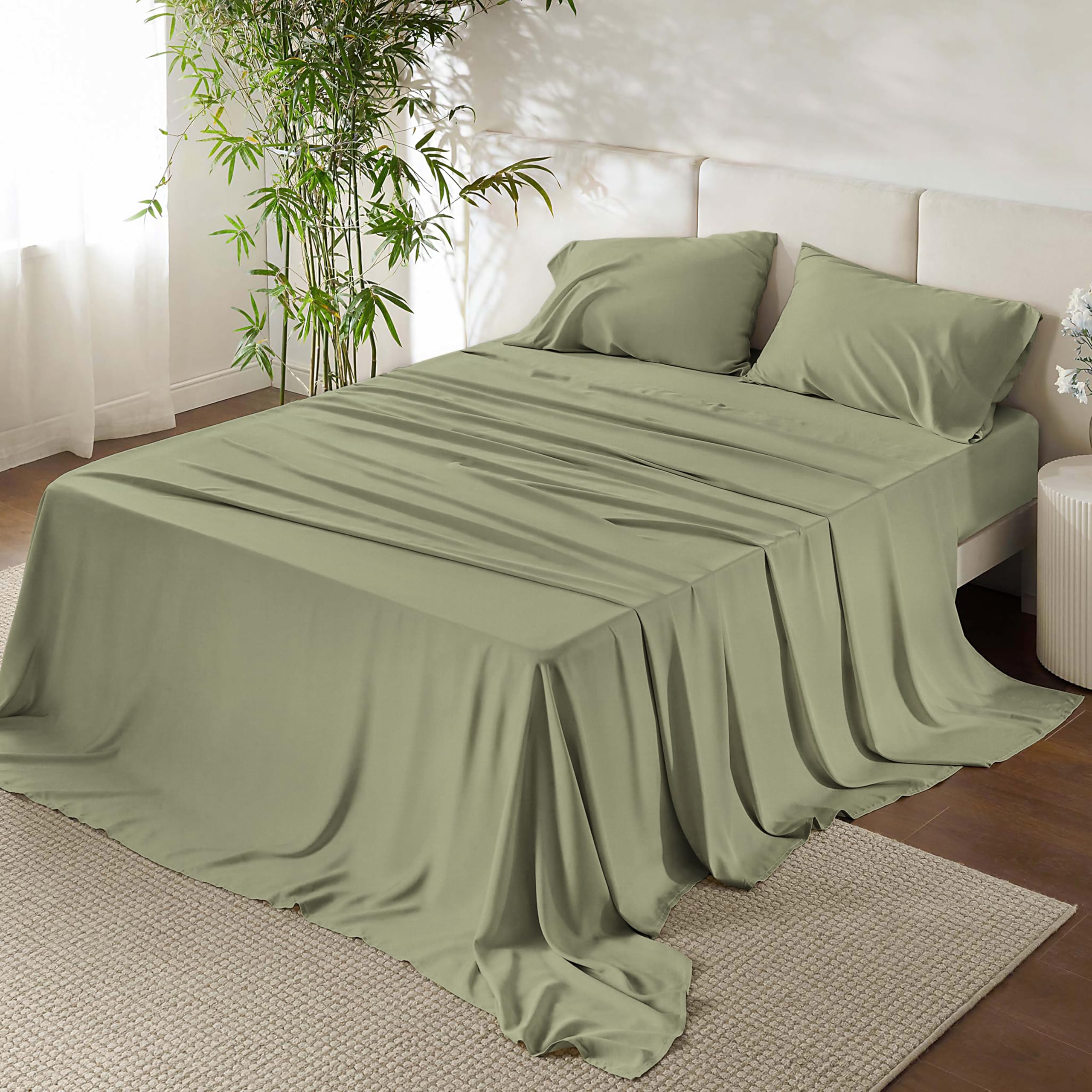 URBANHUT Sábanas de 100 % algodón egipcio, juego de sábanas de 1000 hilos, tamaño individual (musgo), sábanas de algodón de fibra larga, tejido de satén para todas las estaciones, sábanas de hotel de