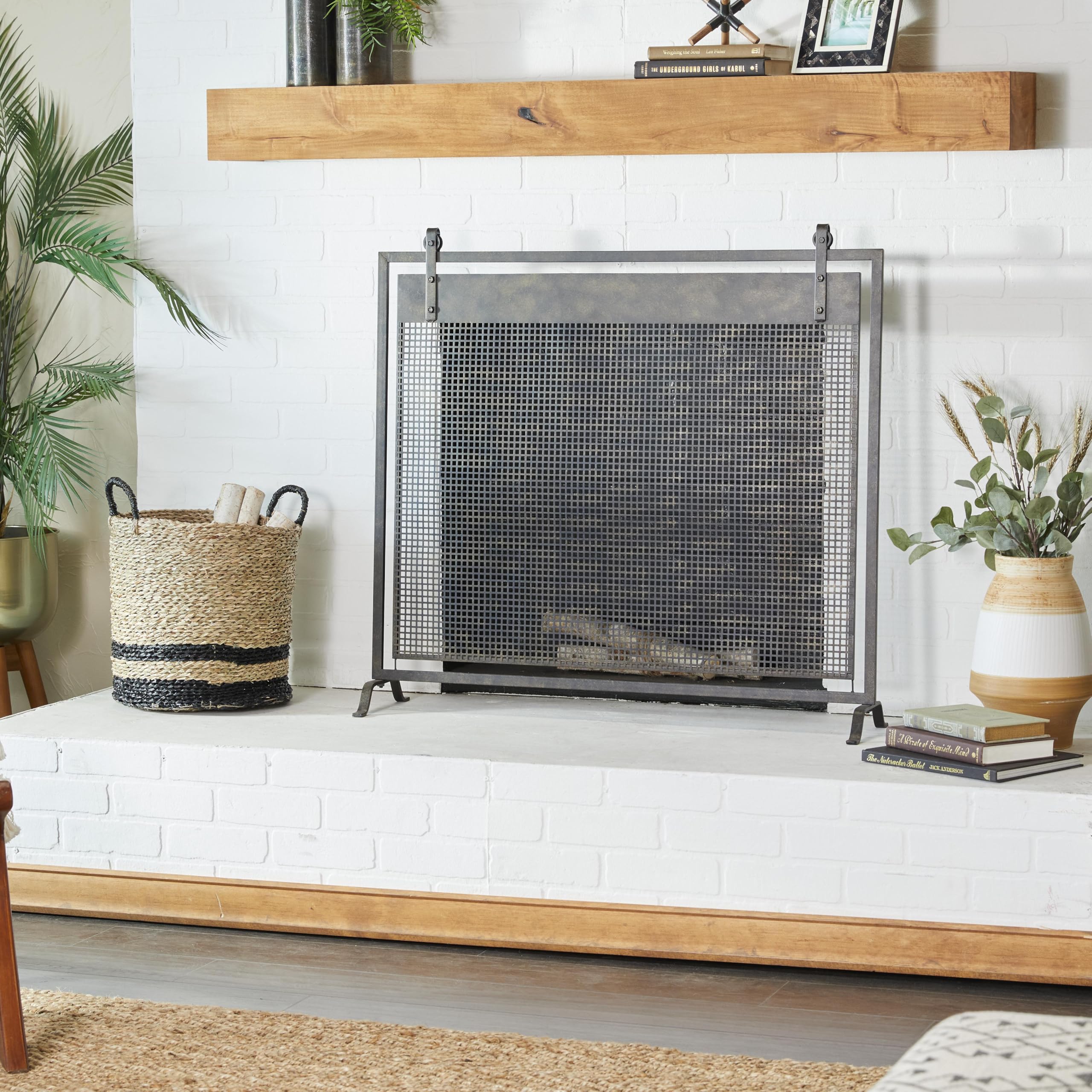 Deco 79 Pantalla para Chimenea de Panel único con Malla suspendida geométrica de Metal Estilo Rejilla con Detalles atornillados, 38" x 9" x 35", Negro