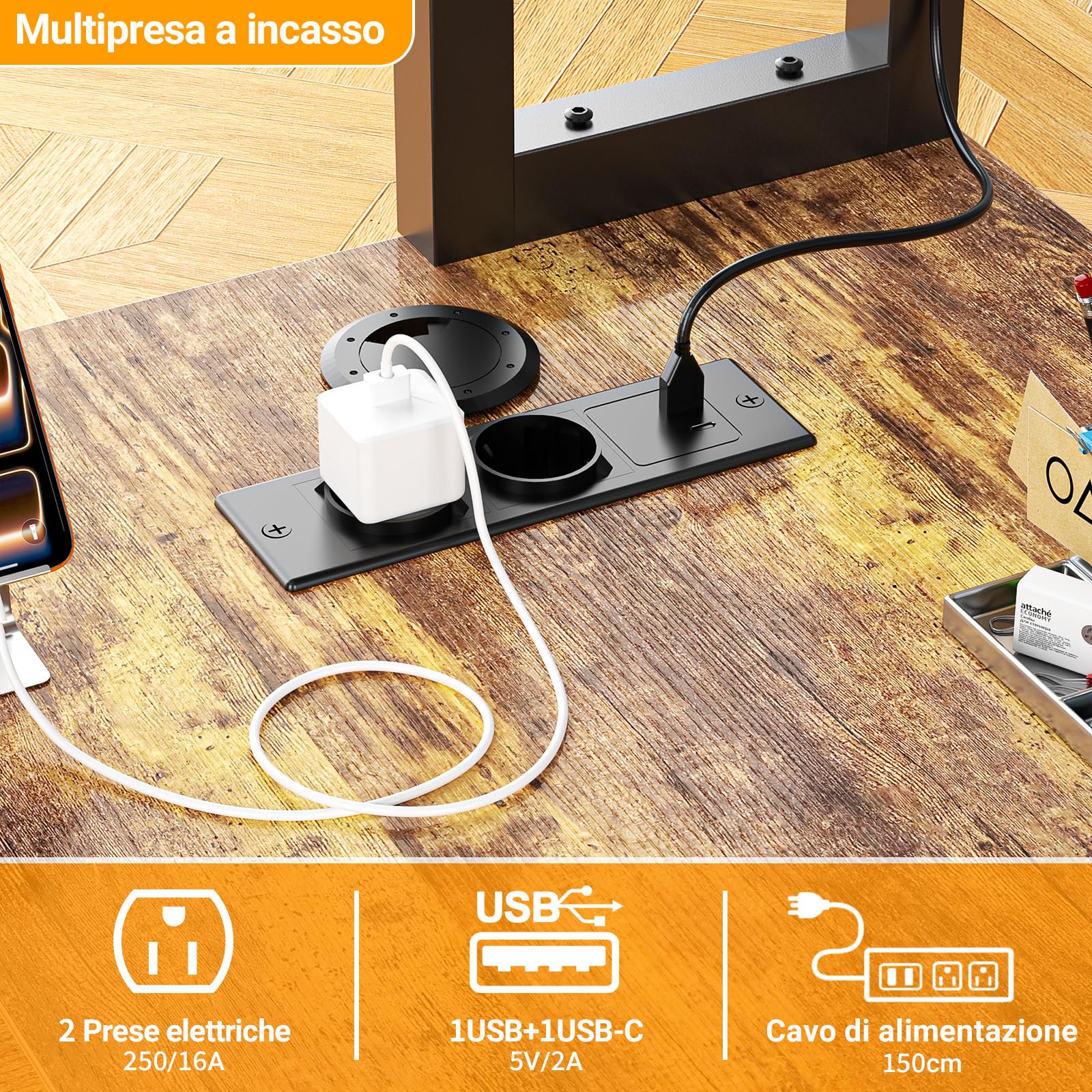 Homieasy Scrivania Gaming 150cm a L LED, Prese, Cassetti, Marrone Rustico | USB &Type-C, Libreria, Supporto Monitor, Reversibile, Salvaspazio, Struttura in Metallo e MDF