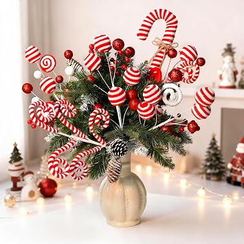 5pcs Candyland Christmas Tree Picks Candy Cane Tree Topper, Red and White Christmas Tree Decorations with Glitter, Curly Lollipop Candy Picks for Xmas Holiday Wreath Vase Party Decor