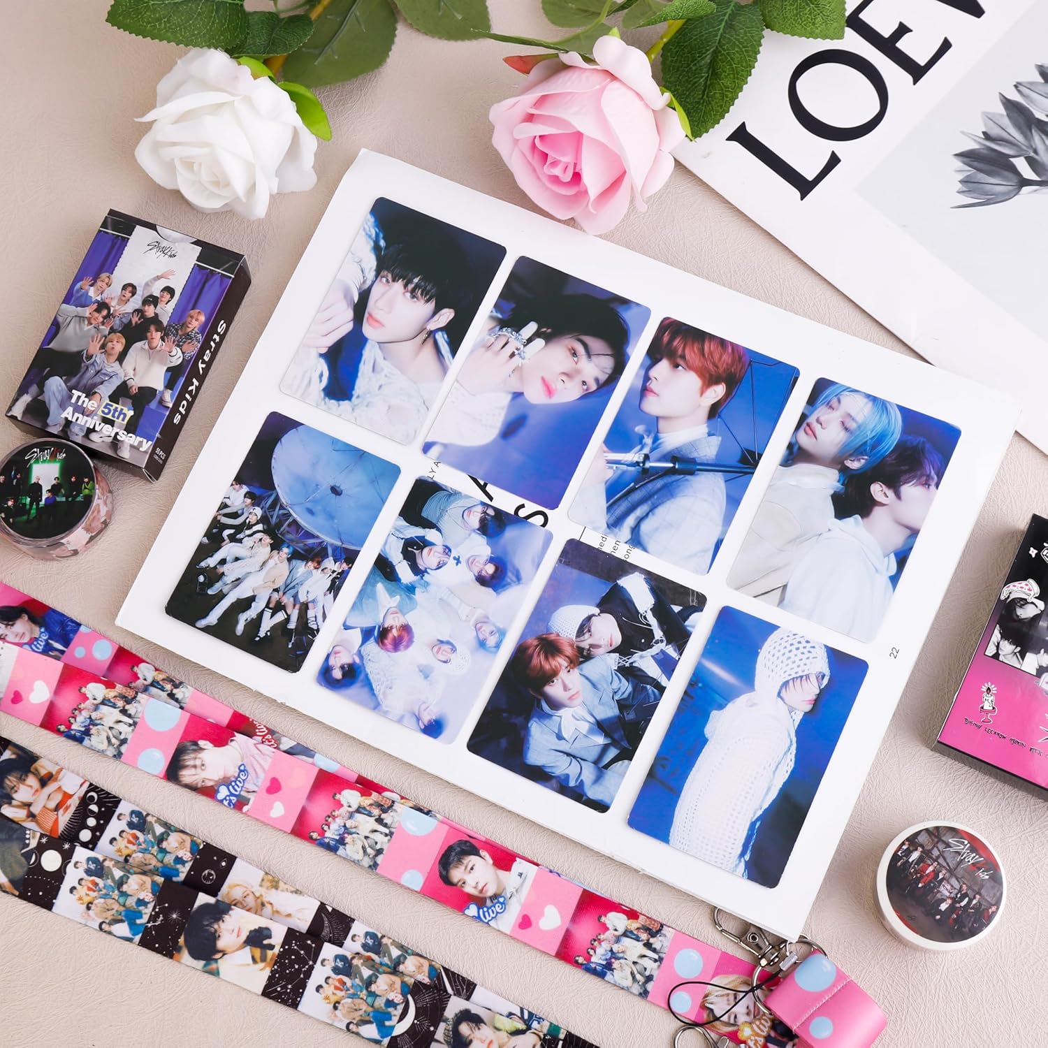Stray Kids Gifts Set, Including 110 Photocards, 180 Stickers, 1 Drawstring Bag Backpack, 24 Lomo Cards, 3 Design Bracelet, 2 Adhesive Posters, 2 Lanyards, 2 Pins and Keychain SKZ's Fans Merchandise - Image 7