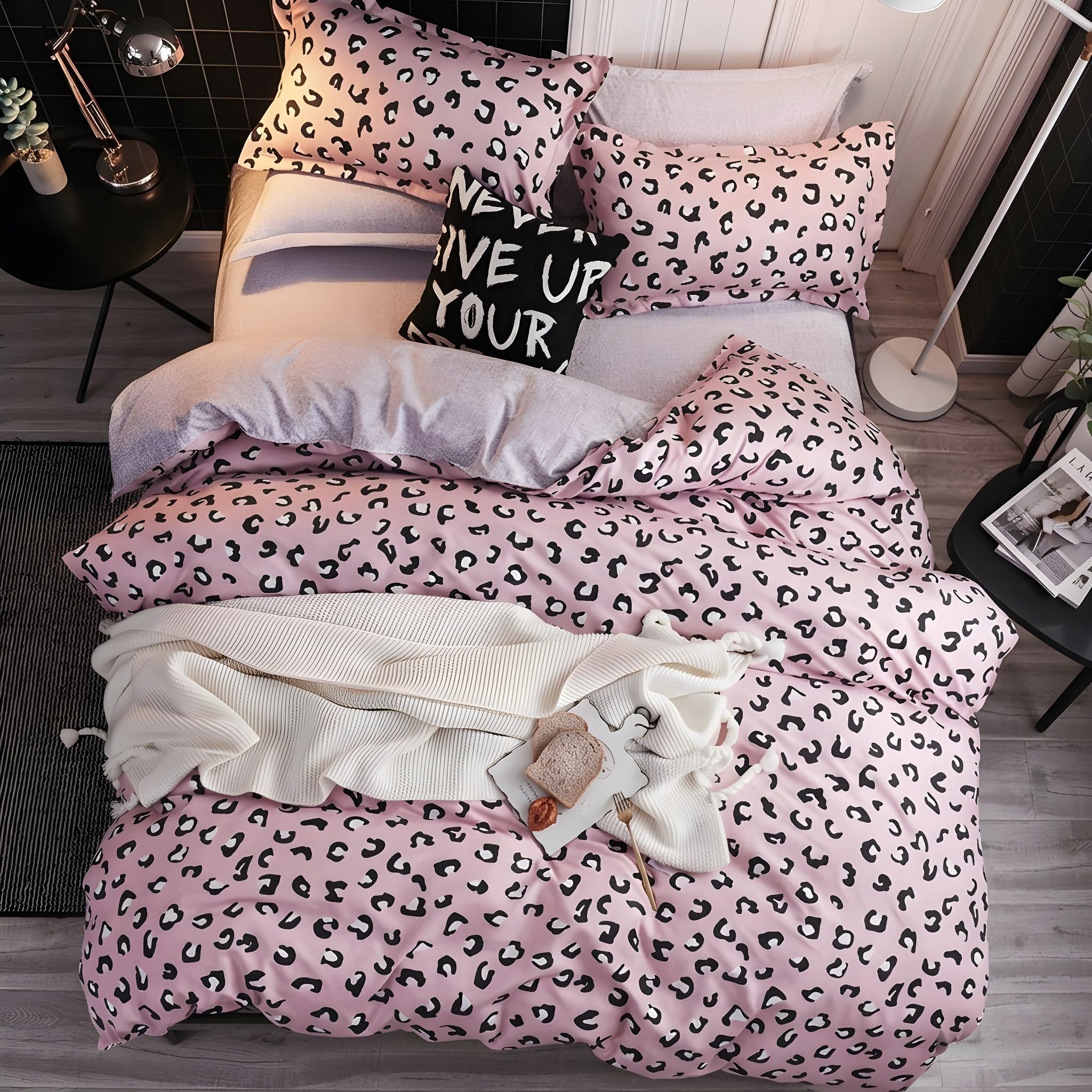 Set di copripiumino leopardato per letto singolo, 3 pezzi, morbido set di biancheria da letto per bambini, ragazzi, adulti, in microfibra leggera e resistente, (singolo, rosa)