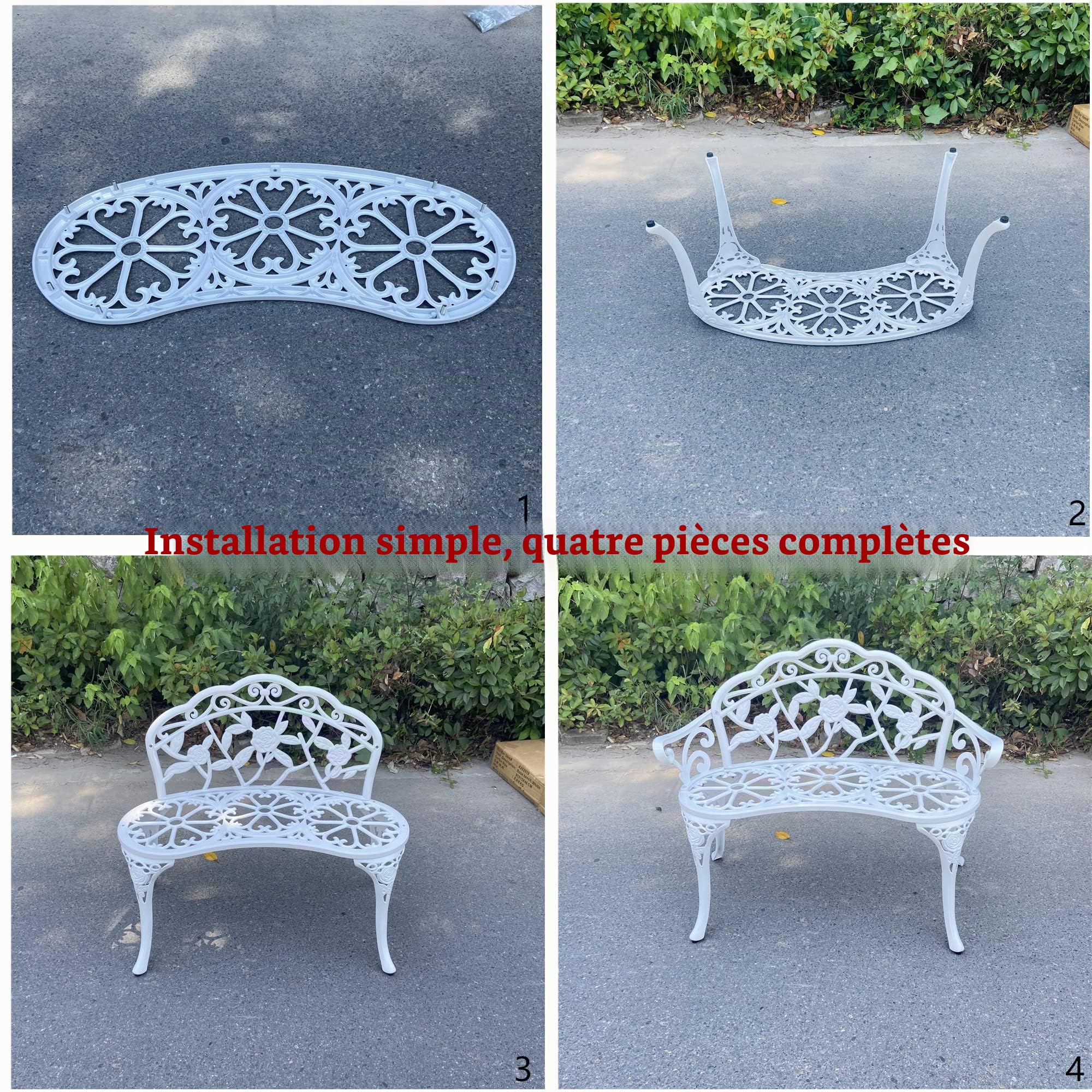 Banc de jardin, rose en aluminium, convient pour jardin, véranda, parc, véranda, balcon en plein air (blanc)
