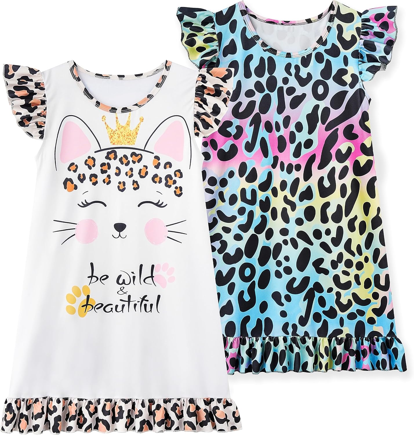 LQSZ 2Pcs Girls Nightgowns 3-10 Years Flutter Short Sleeves Nightdress Nightie Dress Sleepwear Pajamas for Little Girls