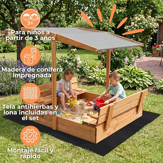 Foto 2 de 8 de SPRINGOS Arenero de madera 120 x 120 cm con techo, arenero infantil
