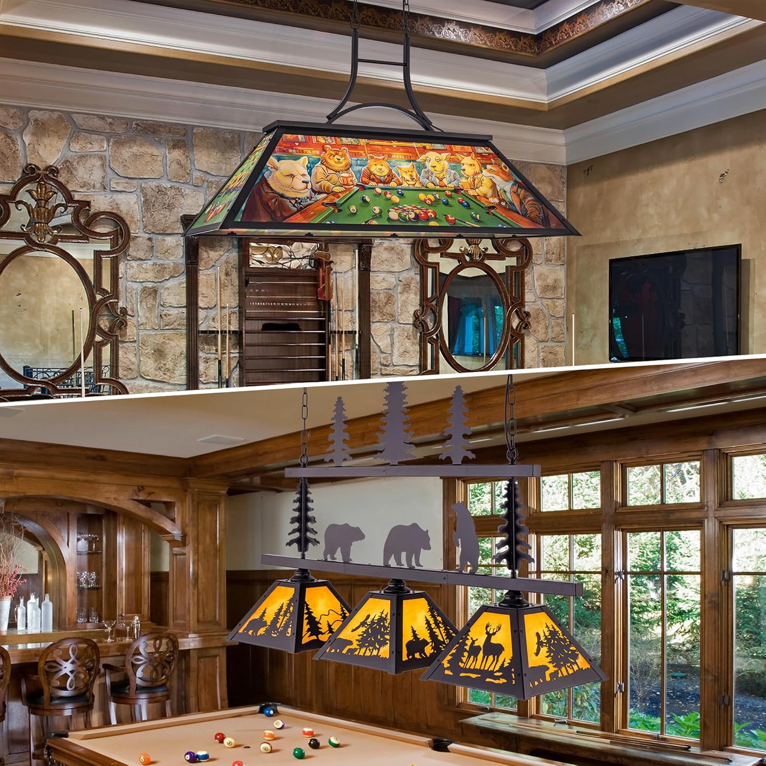 Tochic Tiffany Style Pool Table Light Hanging Billiards Lamp for 7' 8' 9' Pool Table, 3-Light Vintage Billiard Chandelier Lighting Fixture for Game Room Snooker Man Cave Club Kitchen Island Bar