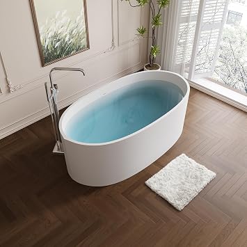 55" Glossy White Acrylic Freestanding Bathtub, Small Free Standing Soaking Tub with Chrome Toe-Tap Drain, cUPC Certified Soaker Tub