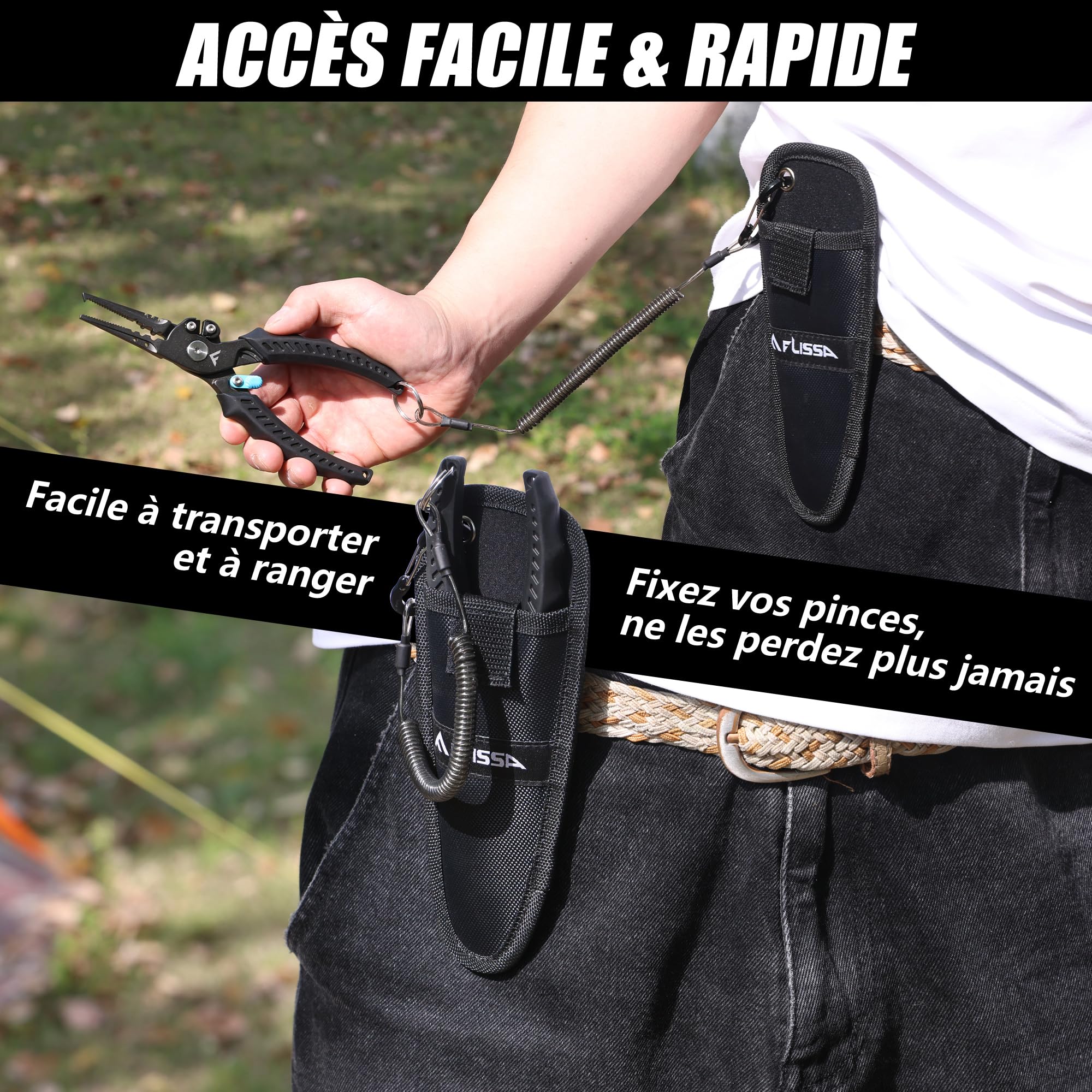 FLISSA Pince de Pêche Multifonction, Pince Pêche 19 cm en Acier Inoxydable, Poignée TPR Antidérapante, Verrou de Sécurité, Mousqueton & Étui, Idéale Pêche Mer & Eau Douce