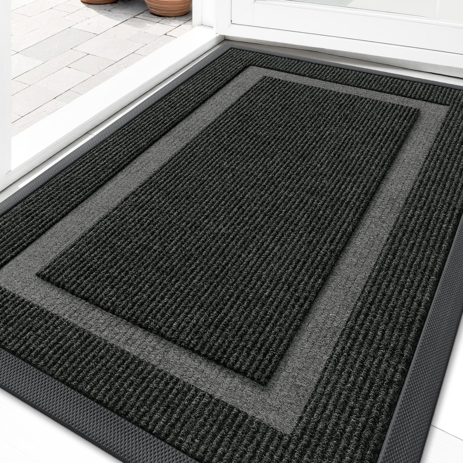 OLANLY Front Door Mat Indoor Outdoor Entrance, Waterproof All-Season, All-Weather Doormat, Durable Natural Rubber, Fade Resistant, Low Profile, Easy Clean Patio Porch Entryway Mat, 29.5x17, Black