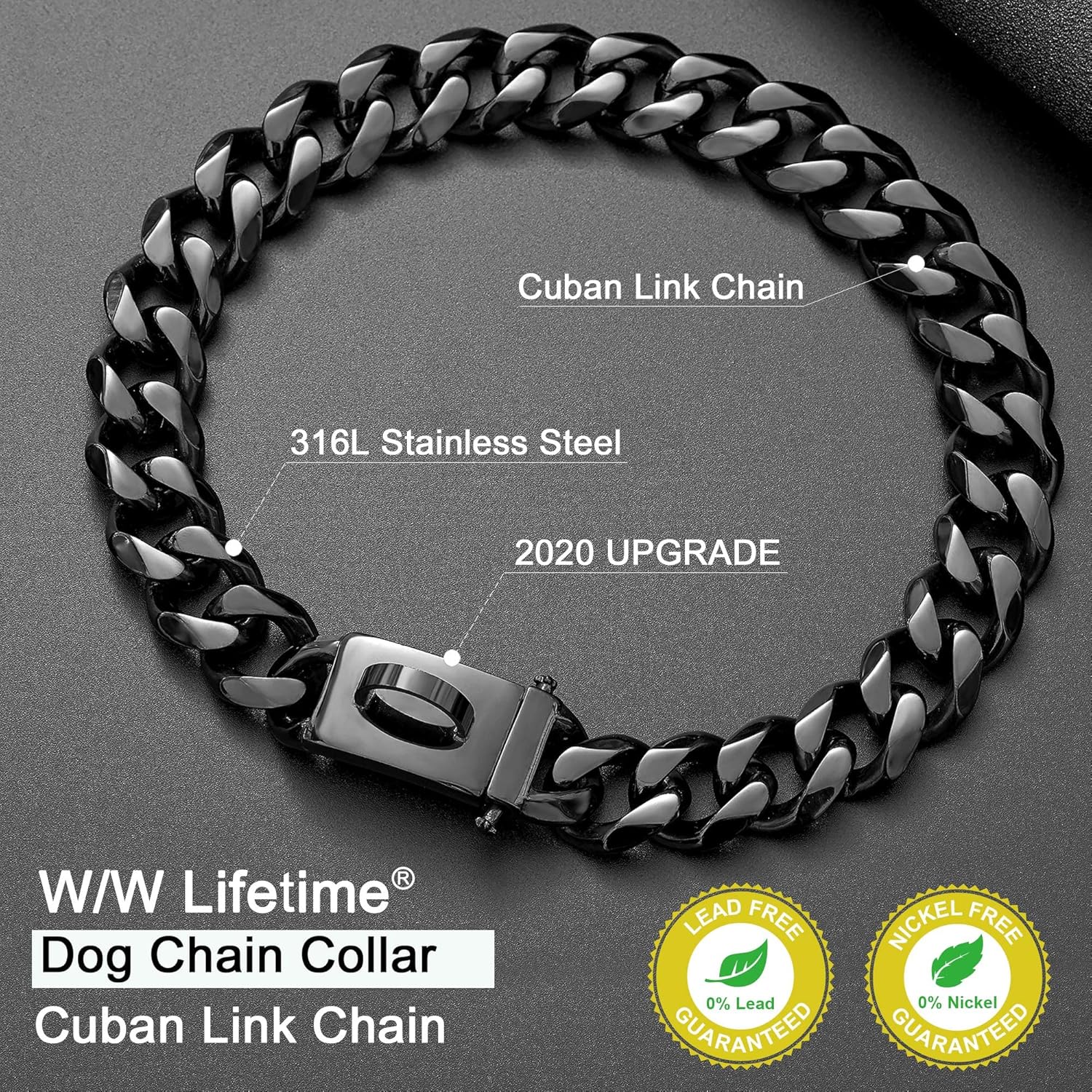 Dog Chain Collar Walking Training Collar with Design Secure Buckle 19MM Black Cuban Link Strong Heavy Duty Chew Proof Chain(19MM, 12")