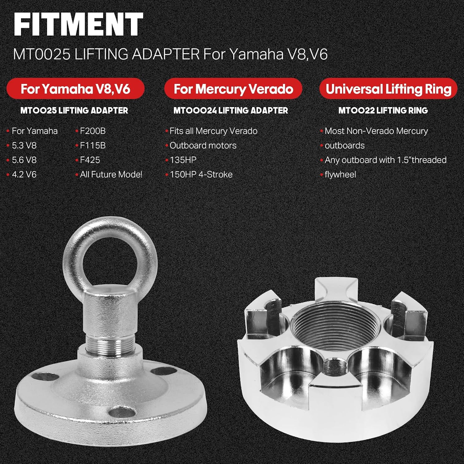 3-Piece Universal Lifting System Outboard Motor Lifting Ring & Adapter Set for Yamaha V8 V6 & for Mercury Verado, Includes MT0022, MT0024, MT0025 with Bolts, 1000lb Capacity