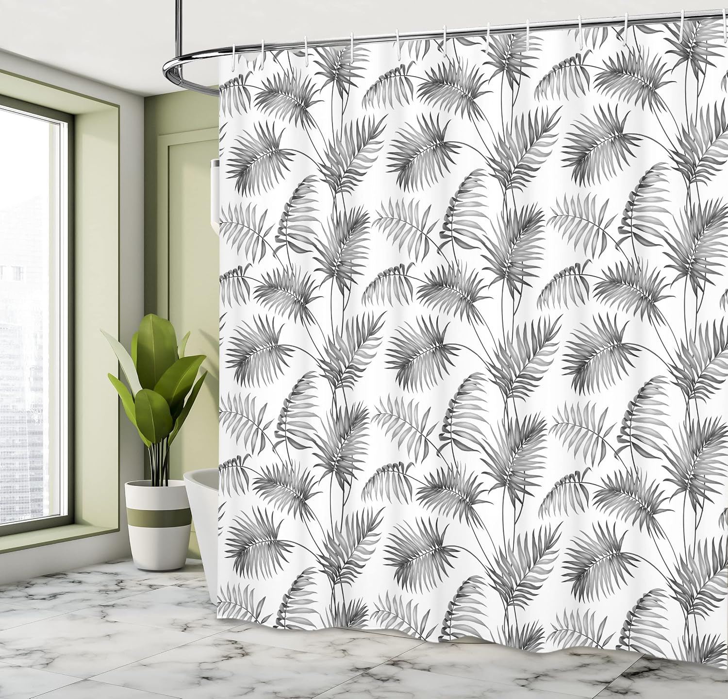 Ambesonne Natural Shower Curtain, Palm Leaves Island Tropical Floral Botanic Tree Natural Sketchy Print Image, Cloth Fabric Bathroom Decor Set with Hooks, 69" W x 70" L, Dimgrey White