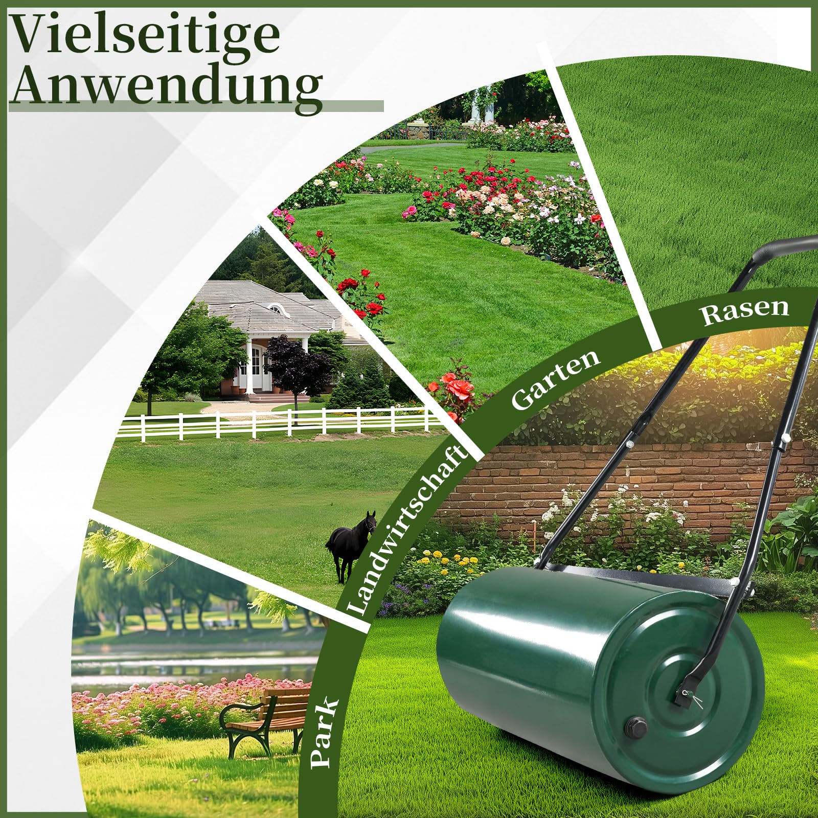 LEADZM Rasenwalze 50L, Kontaktflächenlänge 60 cm, 32 cm Durchmesser – befüllbar mit Sand oder Wasser, rasenlüfter Walze, Der Griff ist gepolstert Komfortabel und effizient