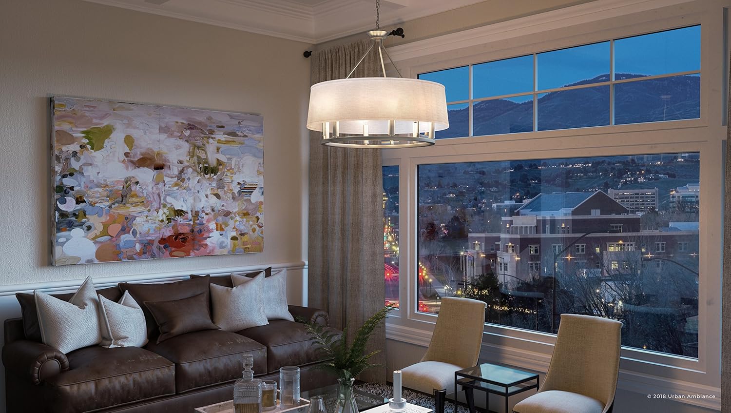 Urban Ambiance Luxury Cosmopolitan Chandelier, Large Size: 22.375" H x 24" W, with Transitional Style Elements, Brushed Nickel Finish and White Linen Shade, UHP2182, Marsala Collection