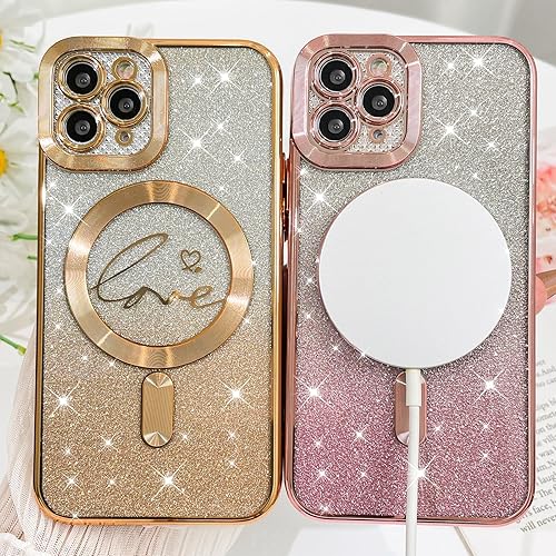 Vista 629 de Fiyart - Funda transparente magnética con purpurina para iPhone 12 para mujeres, con grabado "Love" metálico, protección para cámara y antigolpes