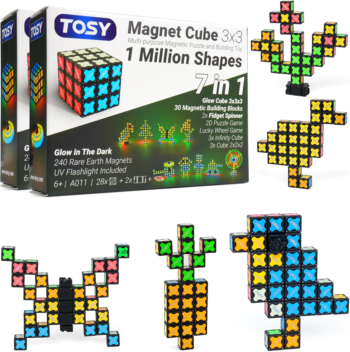 TOSY Magnet Cube 3x3-30 Blocks, 240 Magnets, Easter Basket Stuffers Gifts, Multipurpose: Creative Building Blocks, Transformable Fidget Spinner, Puzzle/Infinity Cube, Glowing STEM Kids Toy, 2-Pack
