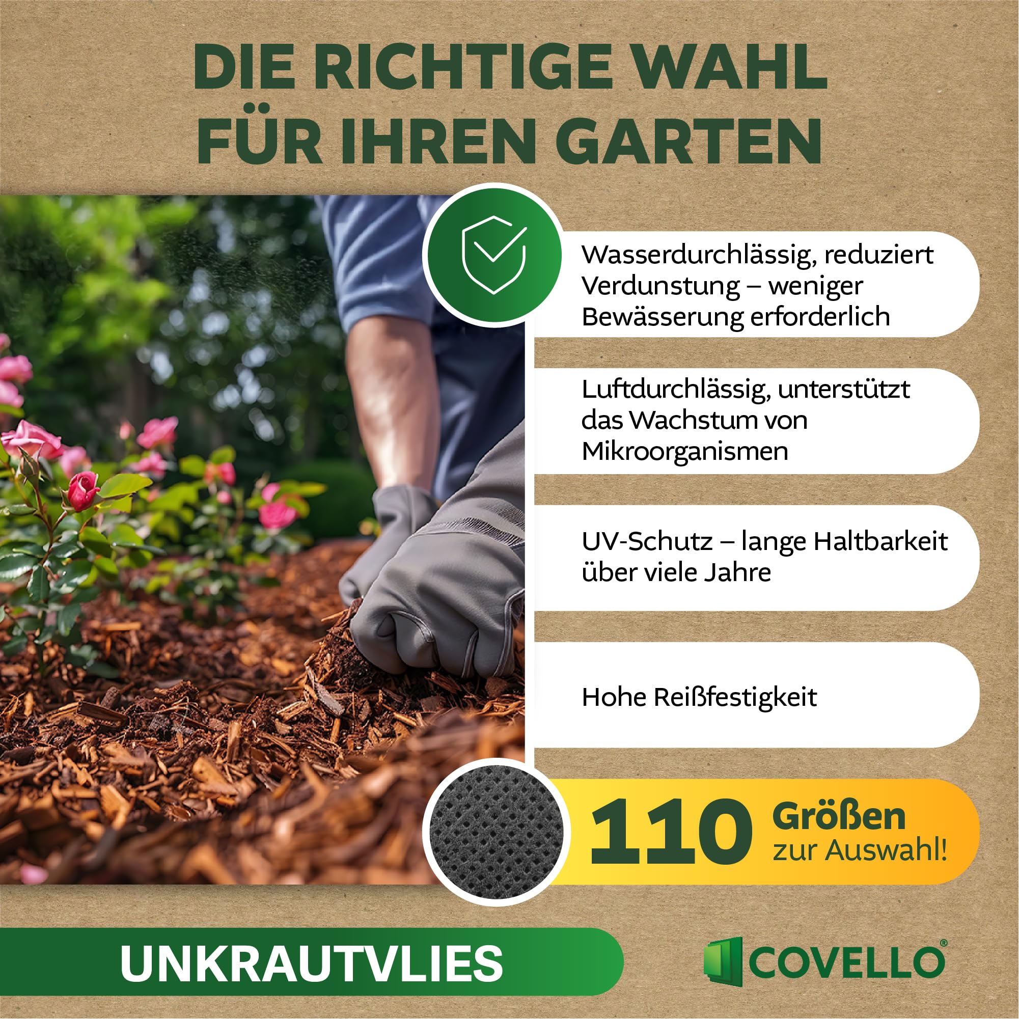 Covello Unkrautvlies 40m² Premium Line - Unkrautfolie wasserdurchlässig - Unkrautvlies für Garten - Gartenvlies gegen Unkraut hohe UV-Stabilisierung (40m x 1m) - reißfestes Unkrautvlies 50g/m²