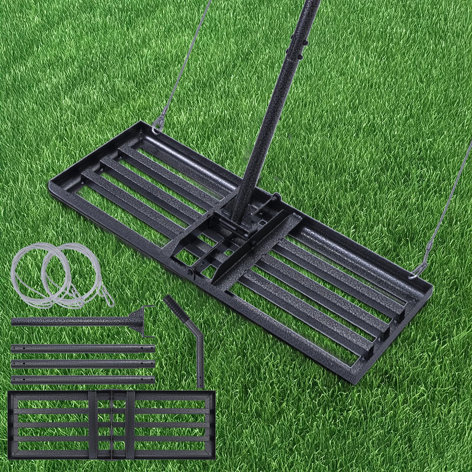 CHANGEMOORE Lawn Levelling Rake with Wire Rope, Length Adjustable Garden Levelling Rake, 172cm Lawn Leveller Lute 76.5cm x 25cm, Heavy Duty Effort Saving Soil Levelling Tool for Garden, Yard, Farm
