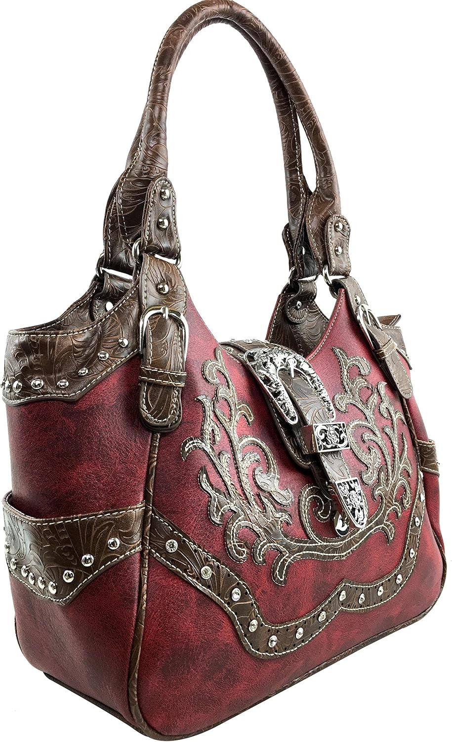 Justin West Tooled Floral Embroidery Buckle Studded Concealed Carry Tote Purse