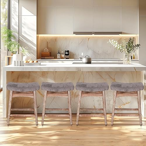 Miniatura 13 de ALPHA HOME Juego de 2 taburetes de bar, taburetes de cocina de madera maciza con cojín de piel sintética gris, taburetes de bar con base de madera