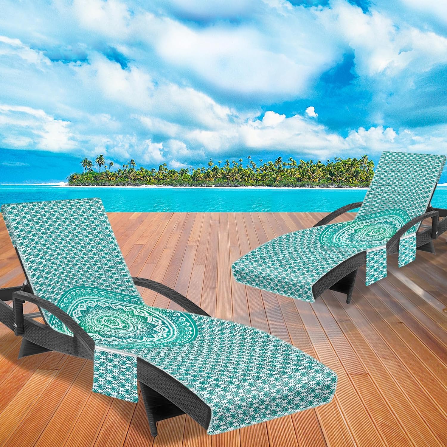 Lounge Chair Towel Cover, Chaise Lounge Cover (Pack of 2), Beach Chair Covers with 3 Pockets for Trips Beach Pool Garden Sunbathing Courtyard, 85 x30 in, Mandala Style Green