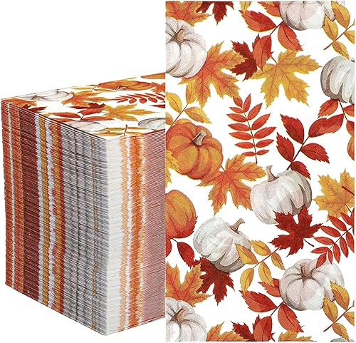 120 servilletas de papel de otoño con hojas de arce y calabaza, servilletas decorativas de otoño, toallas de mano desechables para Acción de