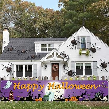 Happy Halloween Banner - Long Fabric Pumpkin Ghost Moon Trick or Treat Yard Sign Backdrop for Outdoor Fence Garden Patio Party Decoration Photo Props Supplies Purple
