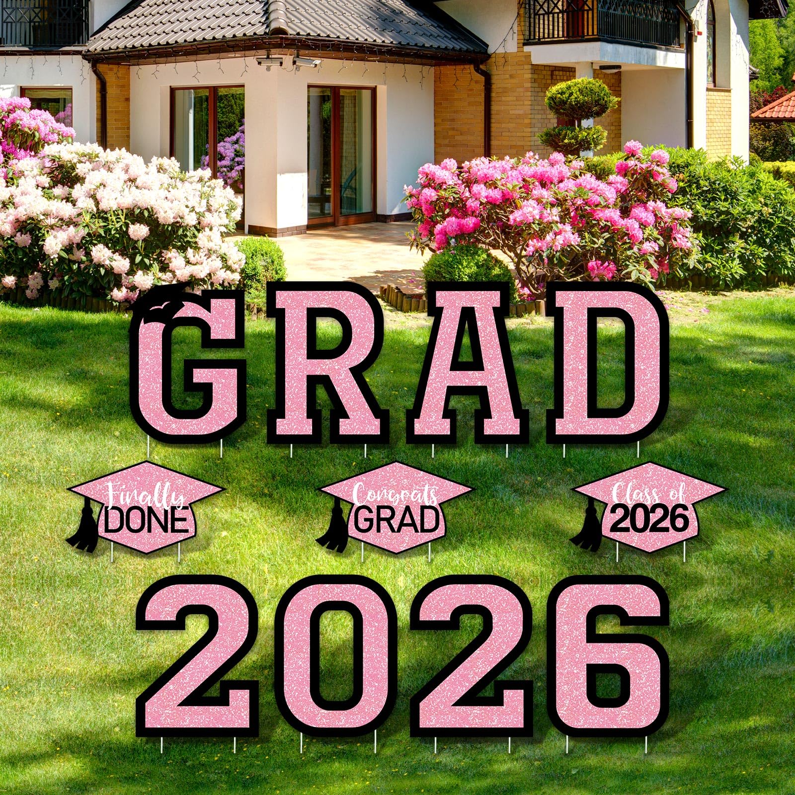 Photo 1 of Tatuo 11 Pcs Graduation Yard Sign Decorations Class of 2026 Congrats Graduation Lawn Signs Grad Yard with 23 Stakes for High School College Outdoor Party Supplies(Black Pink,Simple Style)